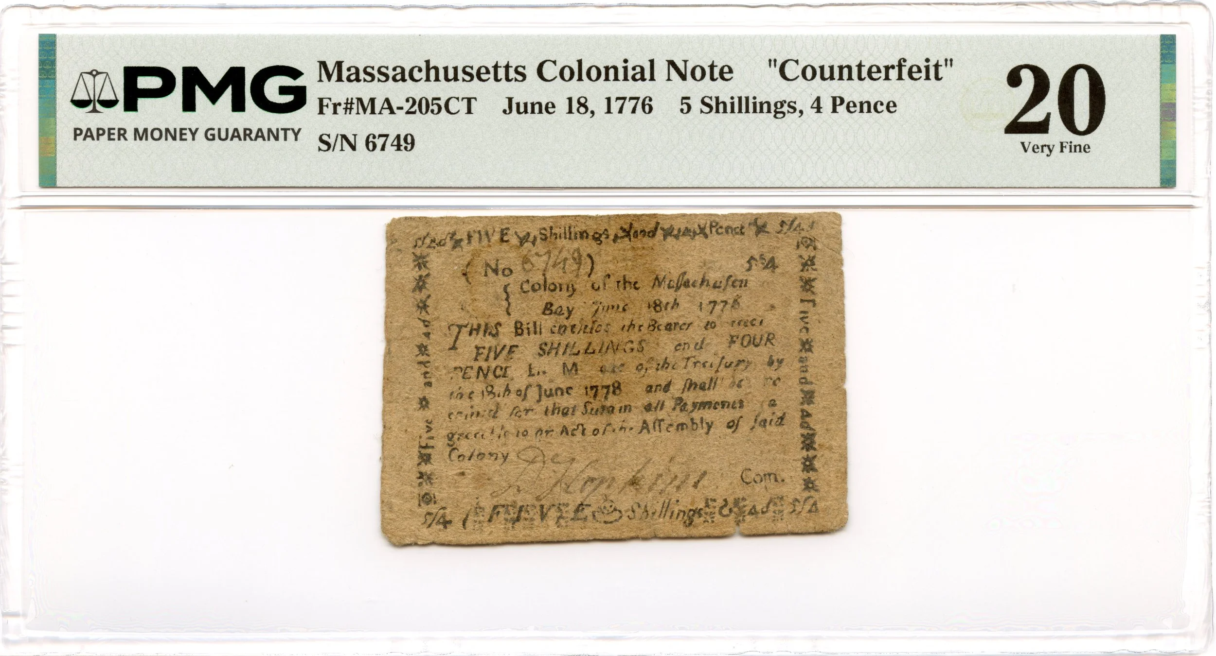 Massachusetts Colonial Note Fr#MA-205CT June 18, 1776 5s6d PMG VF-20 *Finest Known CF*