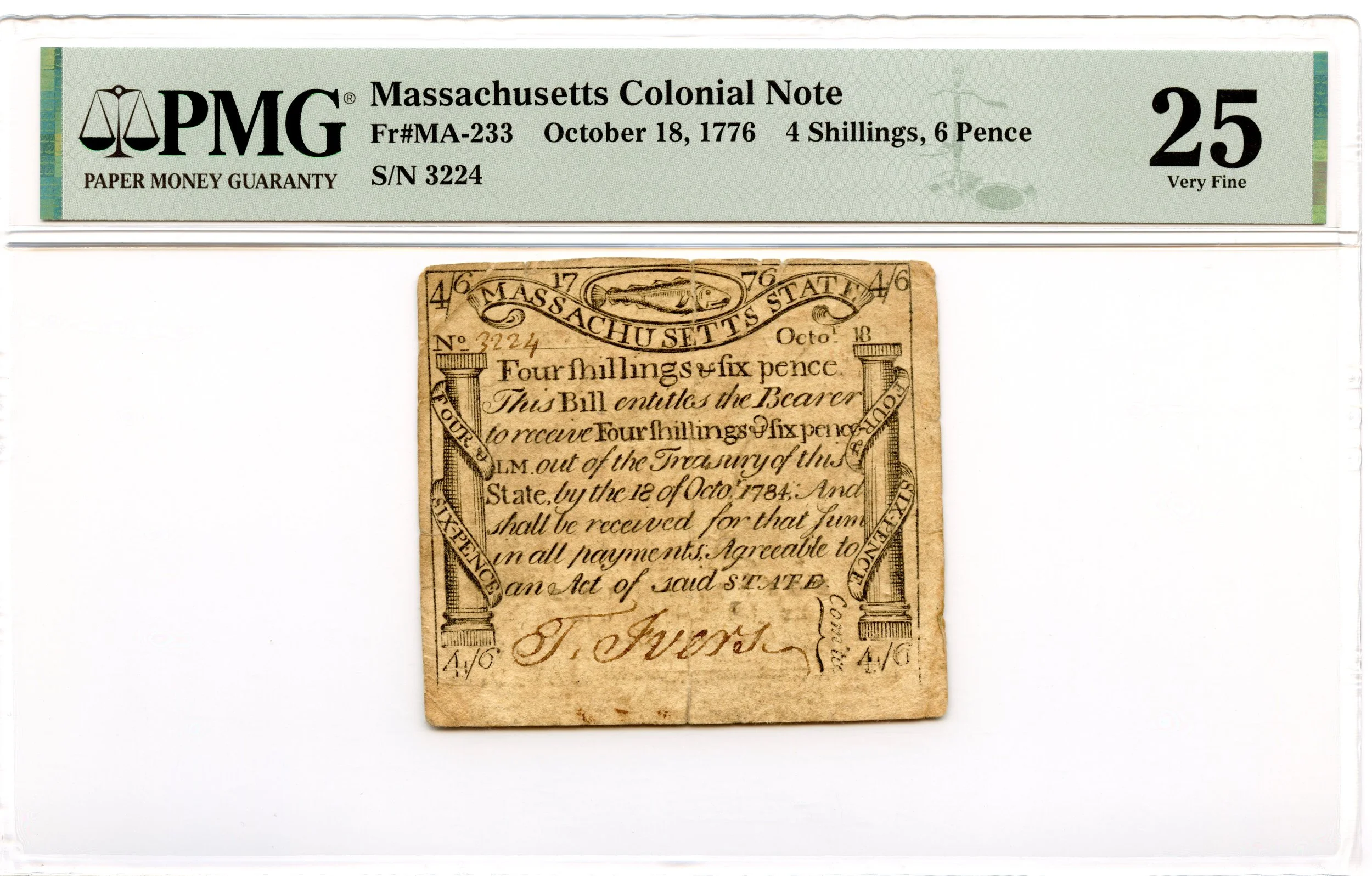 Massachusetts Colonial Note Fr#MA-233 October 18, 1776 4s6d PMG VF-25 *Paul Revere Codfish*