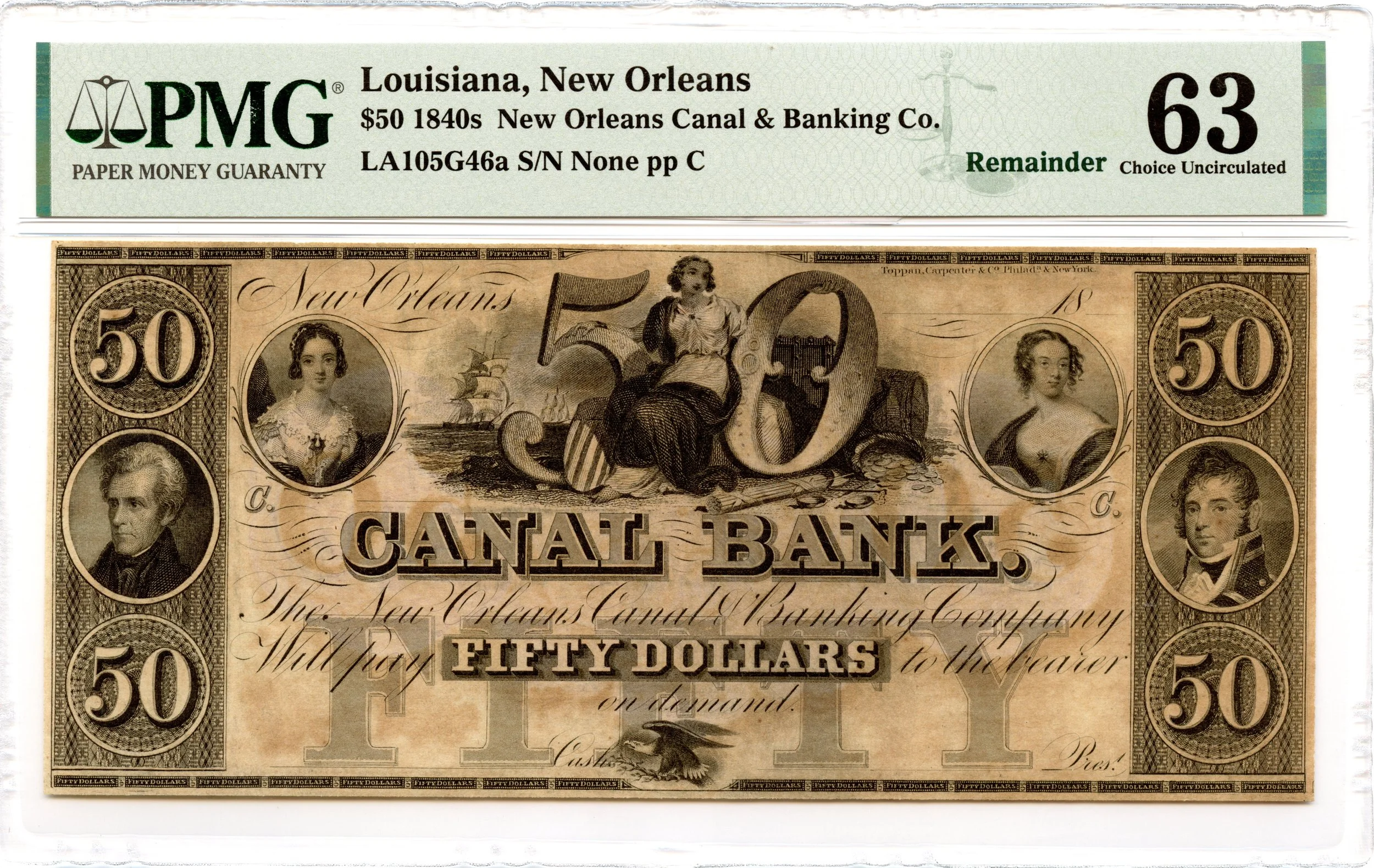 1840s $50 New Orleans, Louisiana Obsolete Note Canal Bank PMG CU-63