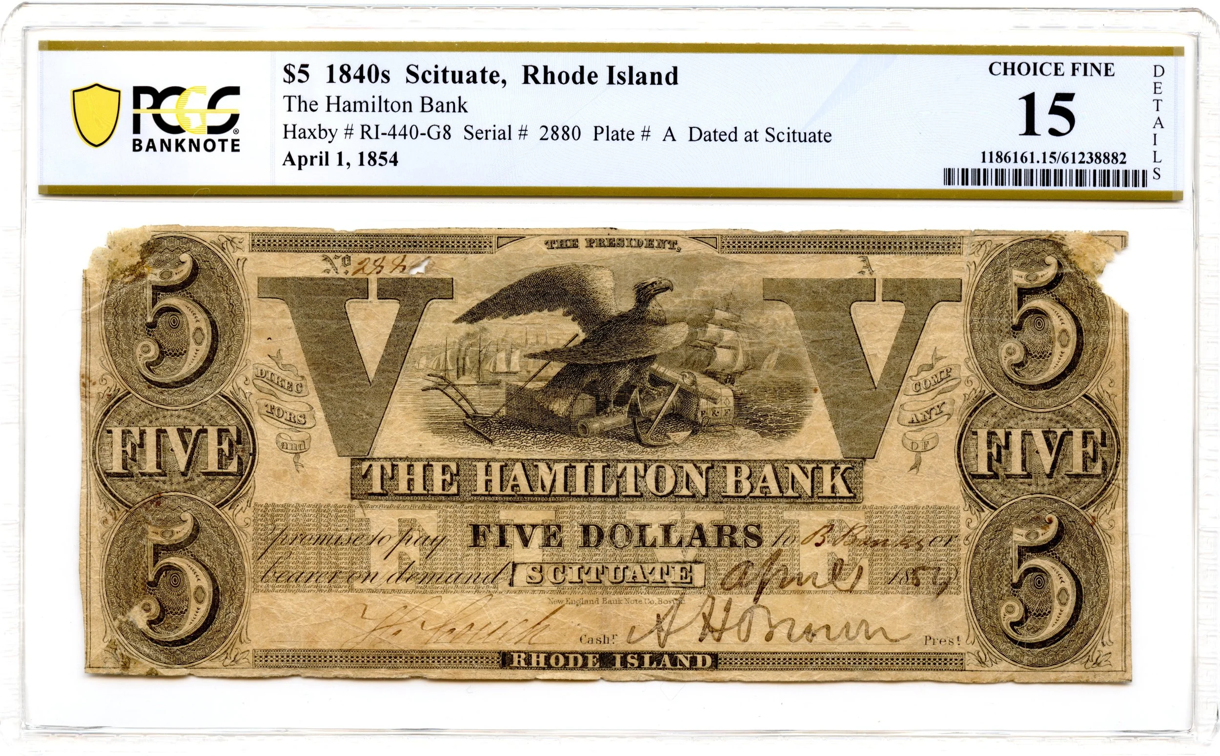 1854 $5 Scituate, Rhode Island Obsolete Note Hamilton Bank PCGS F-15