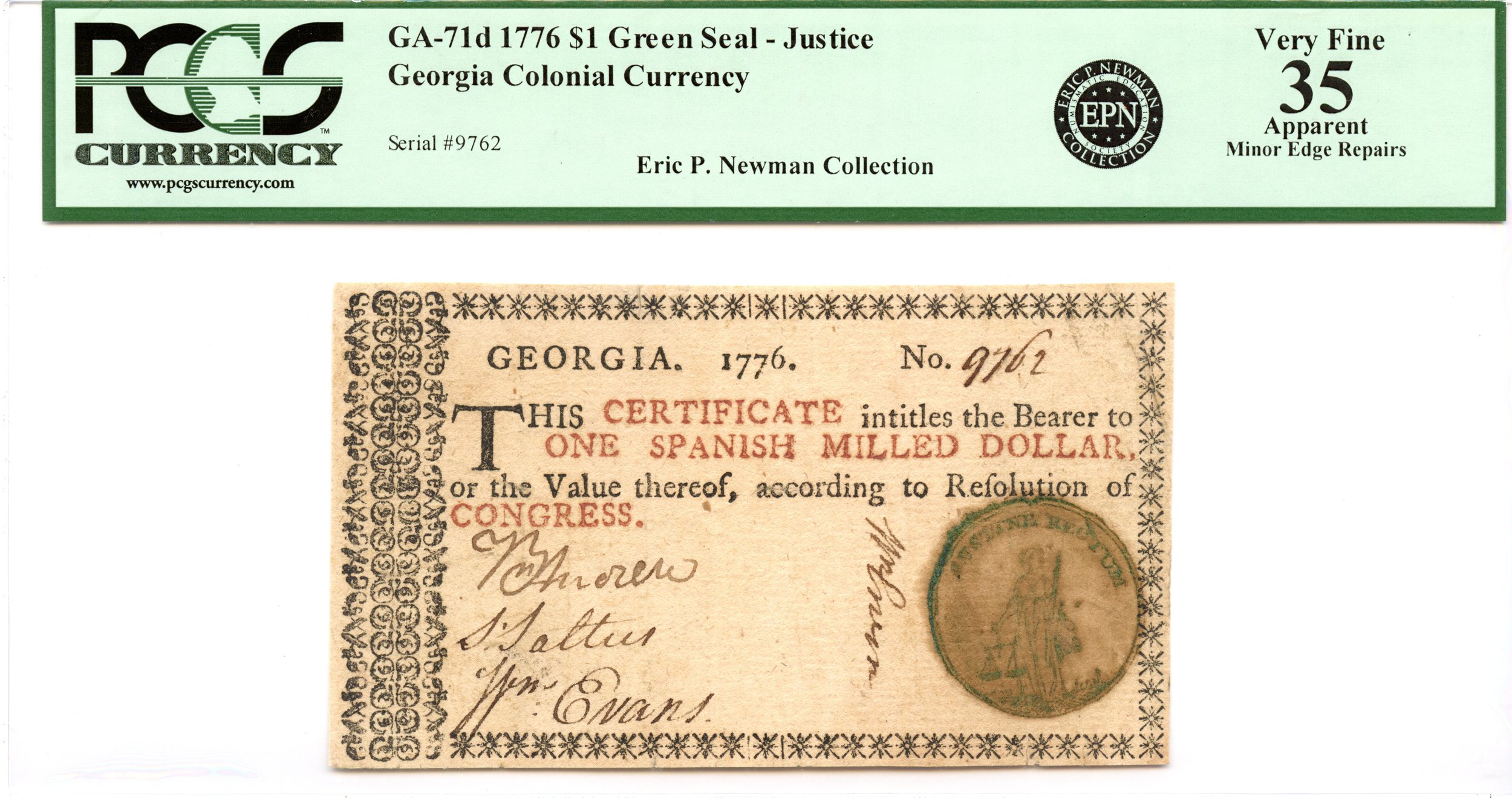 Georgia Colonial Note Fr#GA-71d 1776 $1 Green Justice PCGS VF-35 *Eye Appeal*