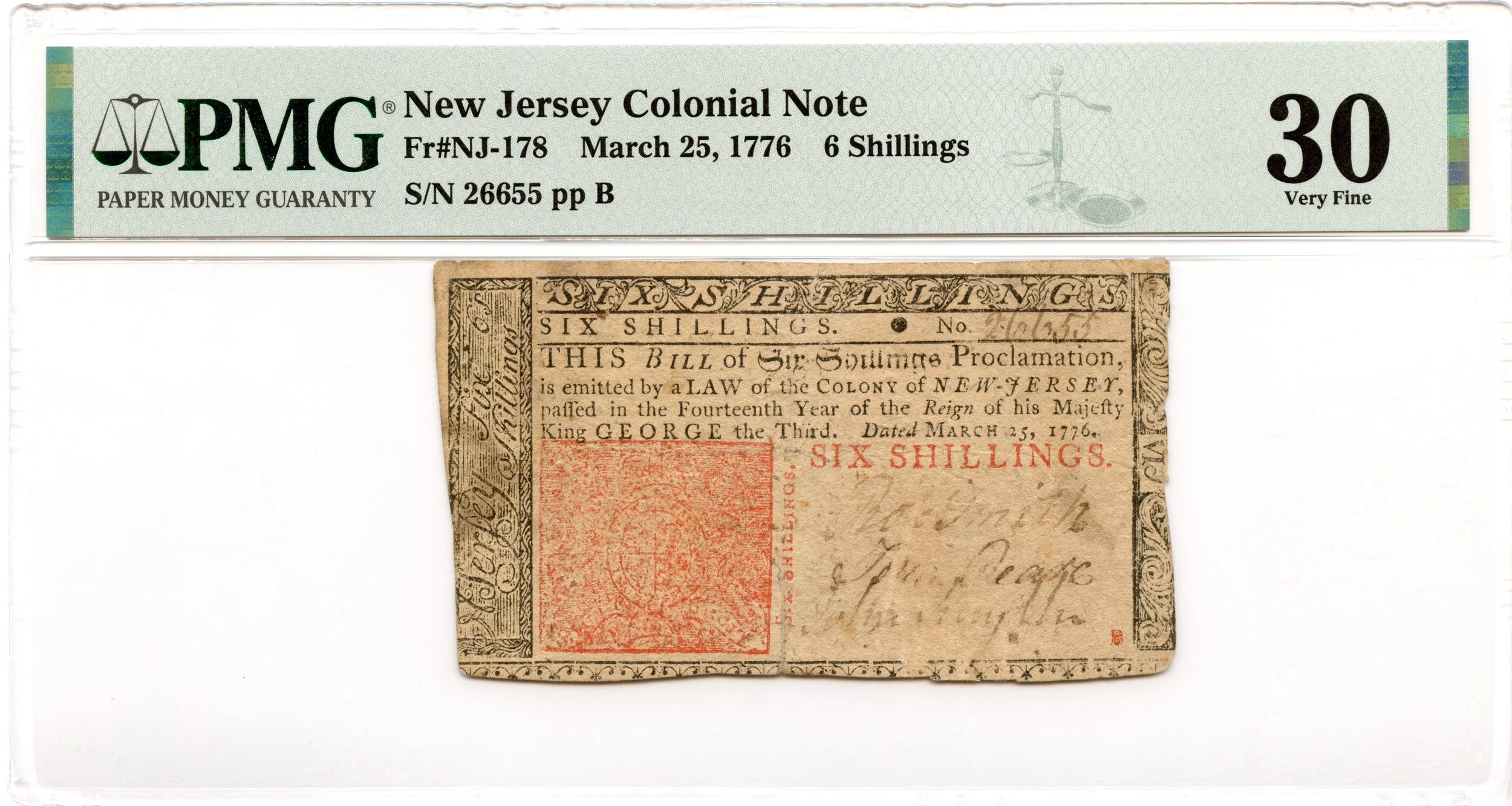 New Jersey Colonial Note Fr#NJ-178 March 25, 1776 6s PMG VF-30