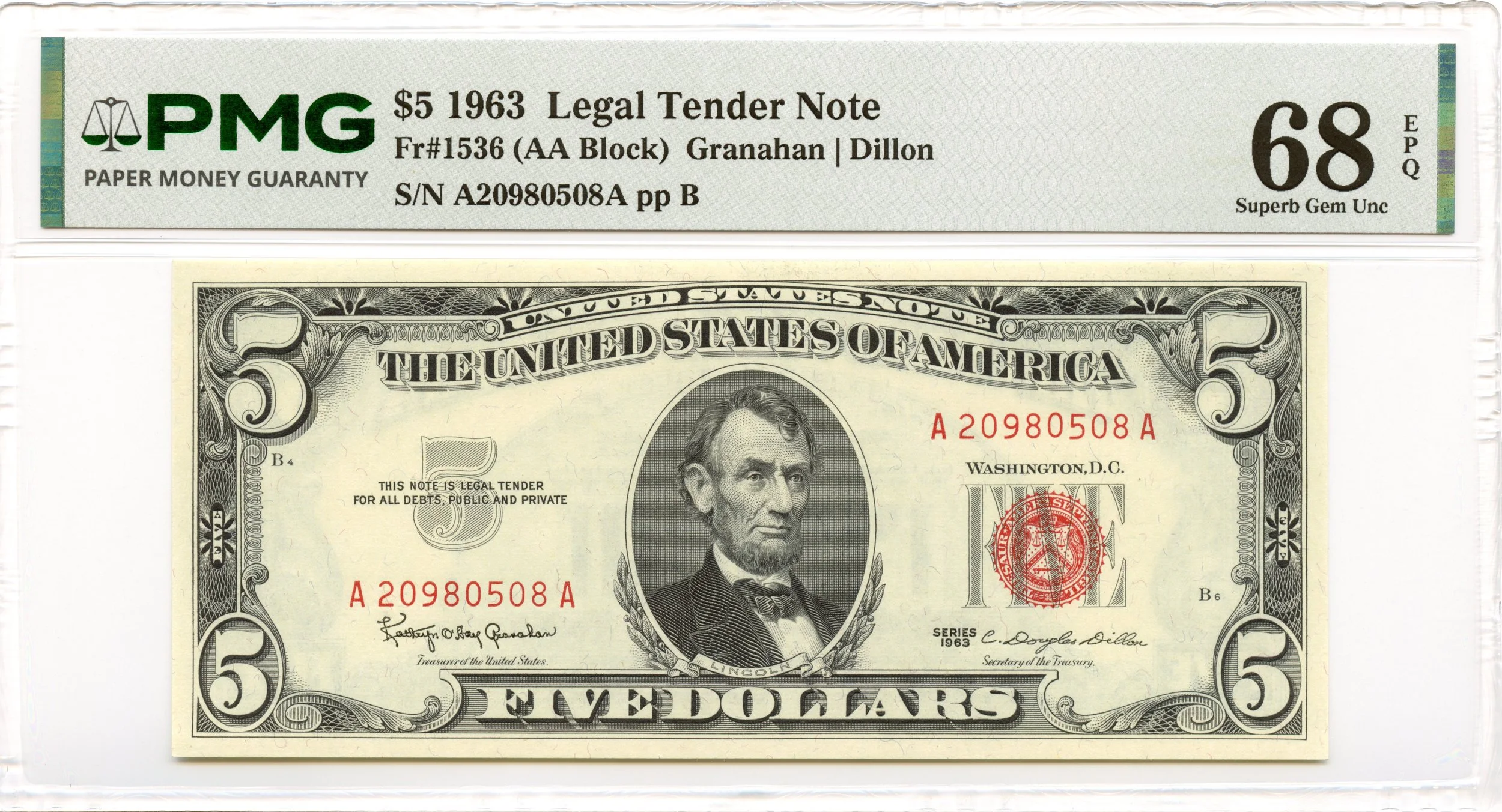 1963 $5 Legal Tender Note Fr#1536 PMG Superb GEM 68 EPQ
