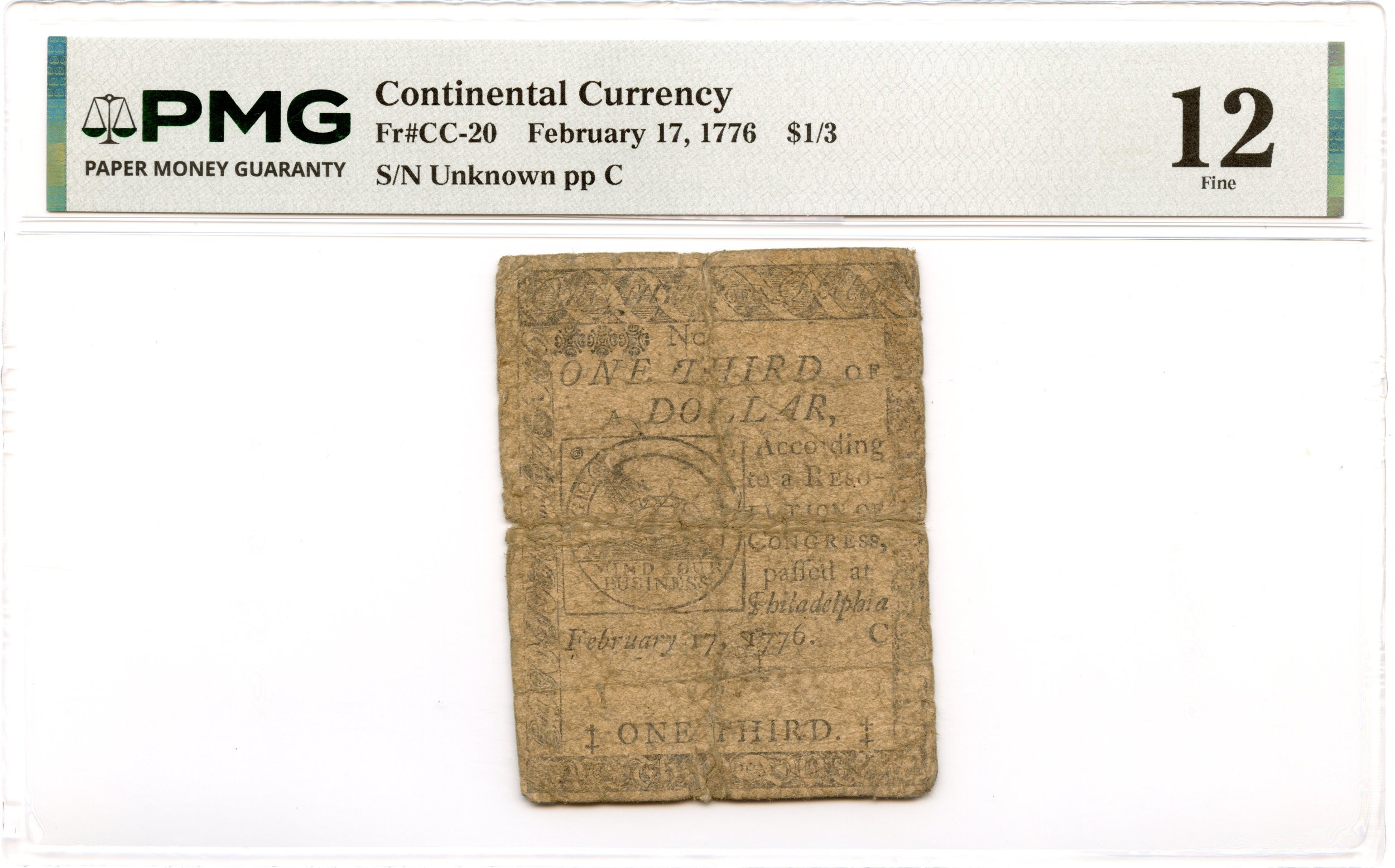 Continental Currency Fr#CC-20 February 17, 1776 $1/3 PMG F-12 *Fugio Note*
