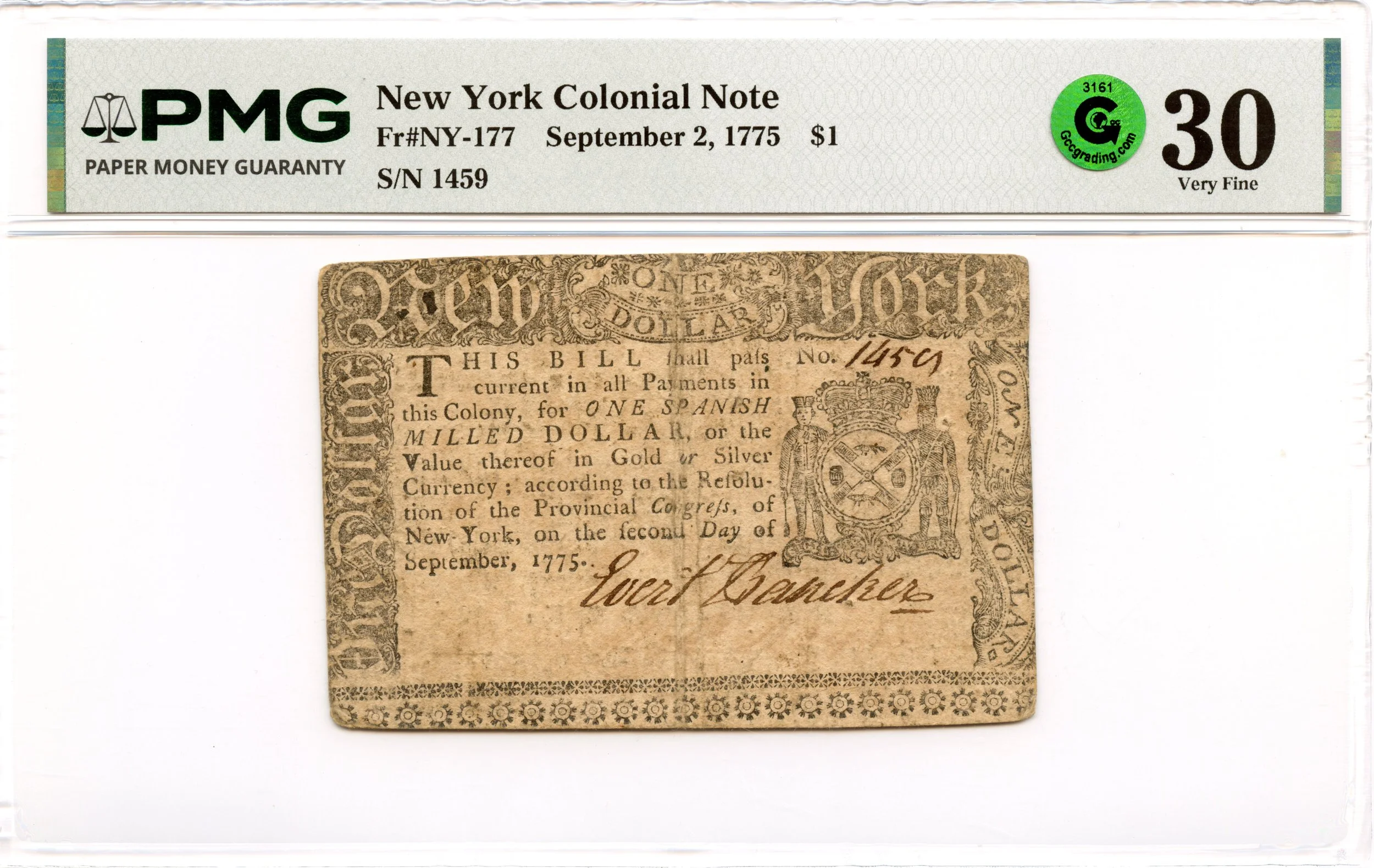 New York Colonial Note Fr#NY-177 September 2, 1775 $1 PMG VF-30 GCC Green