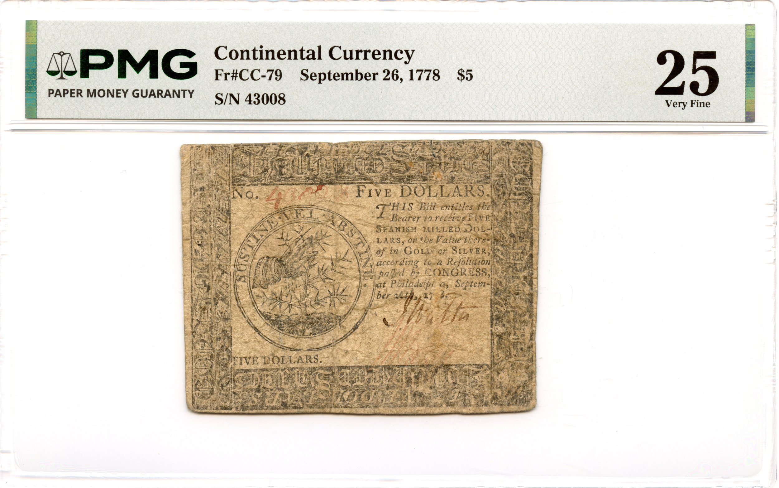 Continental Currency Fr#CC-79 September 26, 1778 $5 PMG VF-25