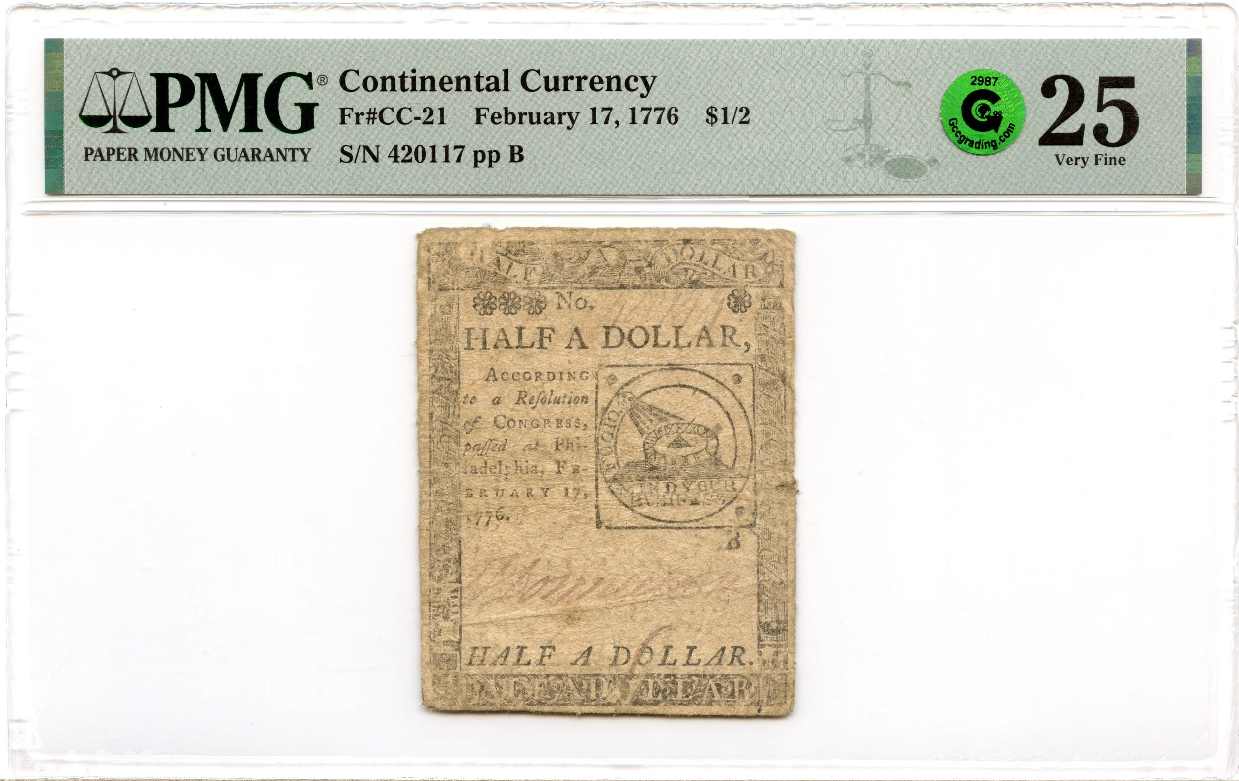 Continental Currency Fr#CC-21 February 17, 1776 $1/2 PMG VF-25 GCC Green *Fugio Note*