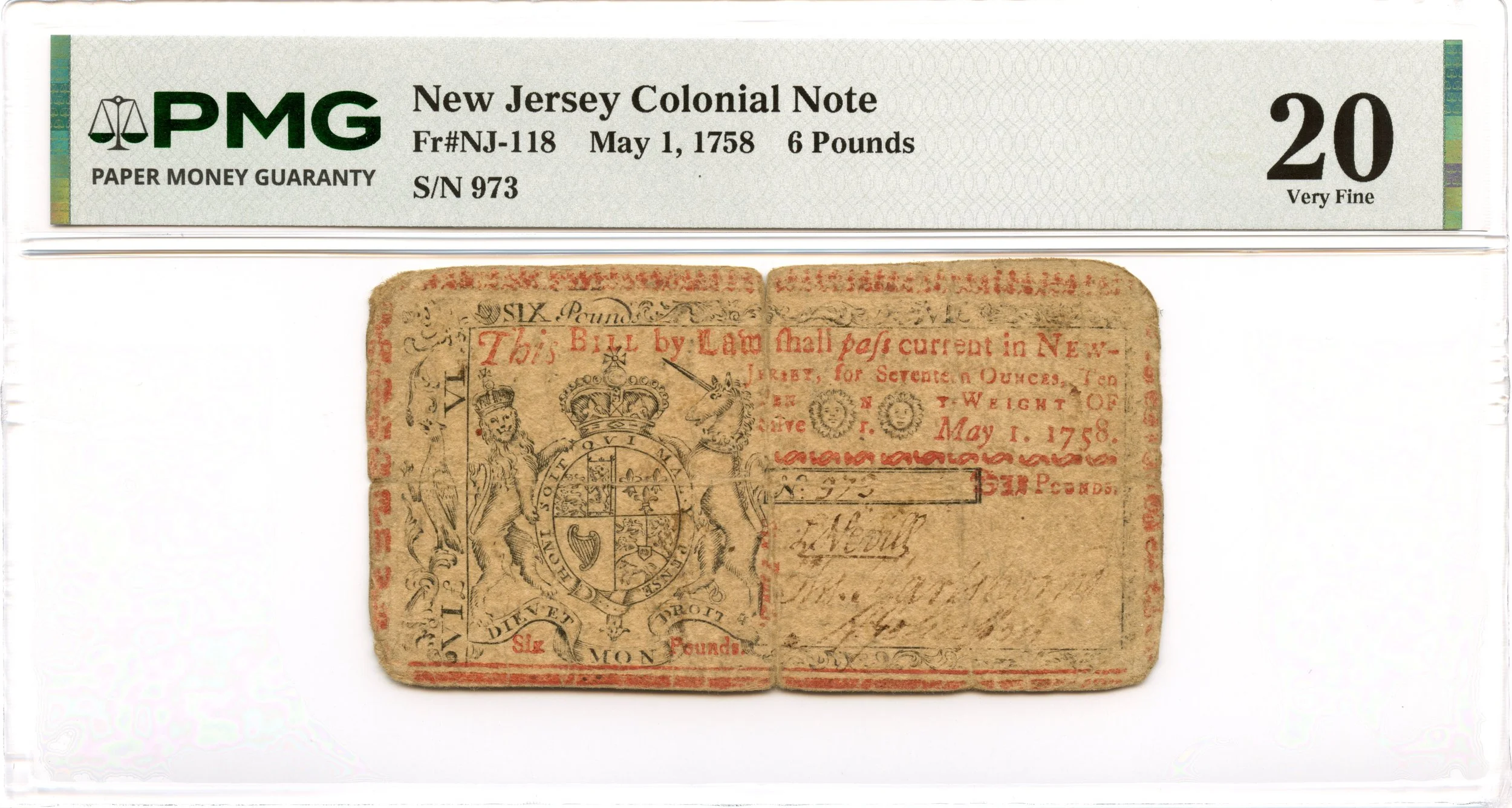 New Jersey Colonial Note Fr#NJ-118 May 1, 1758 6 Pounds PMG VF-20
