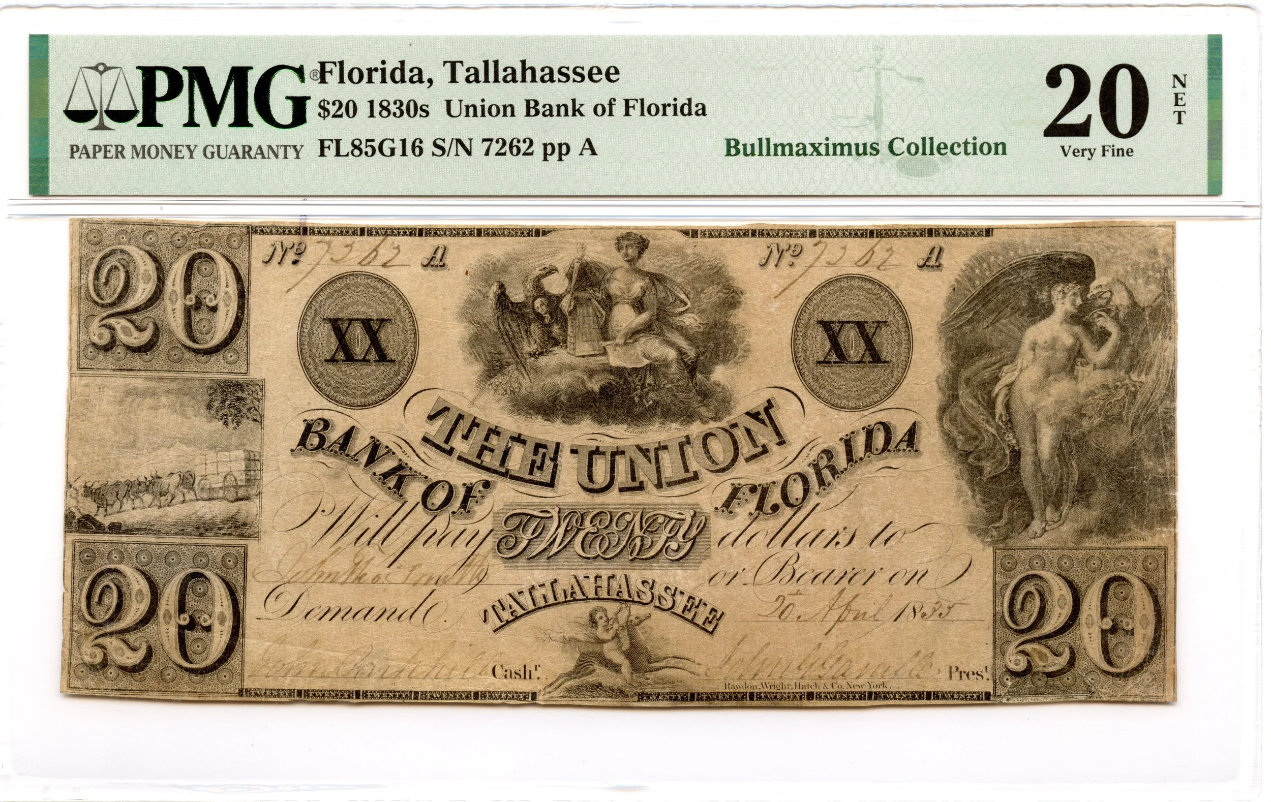 1835 $20 Tallahassee, Florida Obsolete Note Union Bank of Florida PMG VF-20