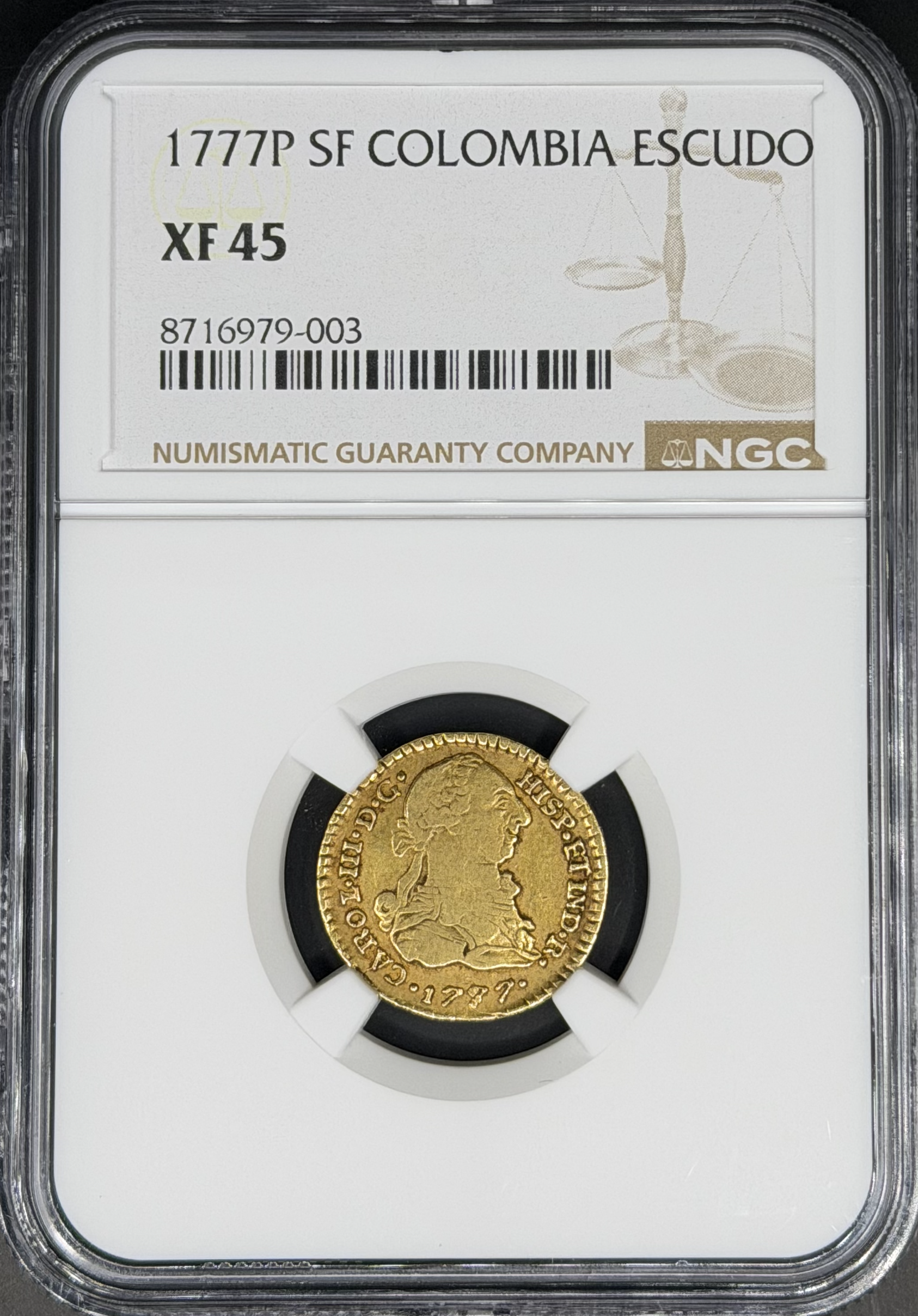 1777 P-SF 1 Escudo Gold Spanish Colonial Colombia, Popayan NGC XF-45