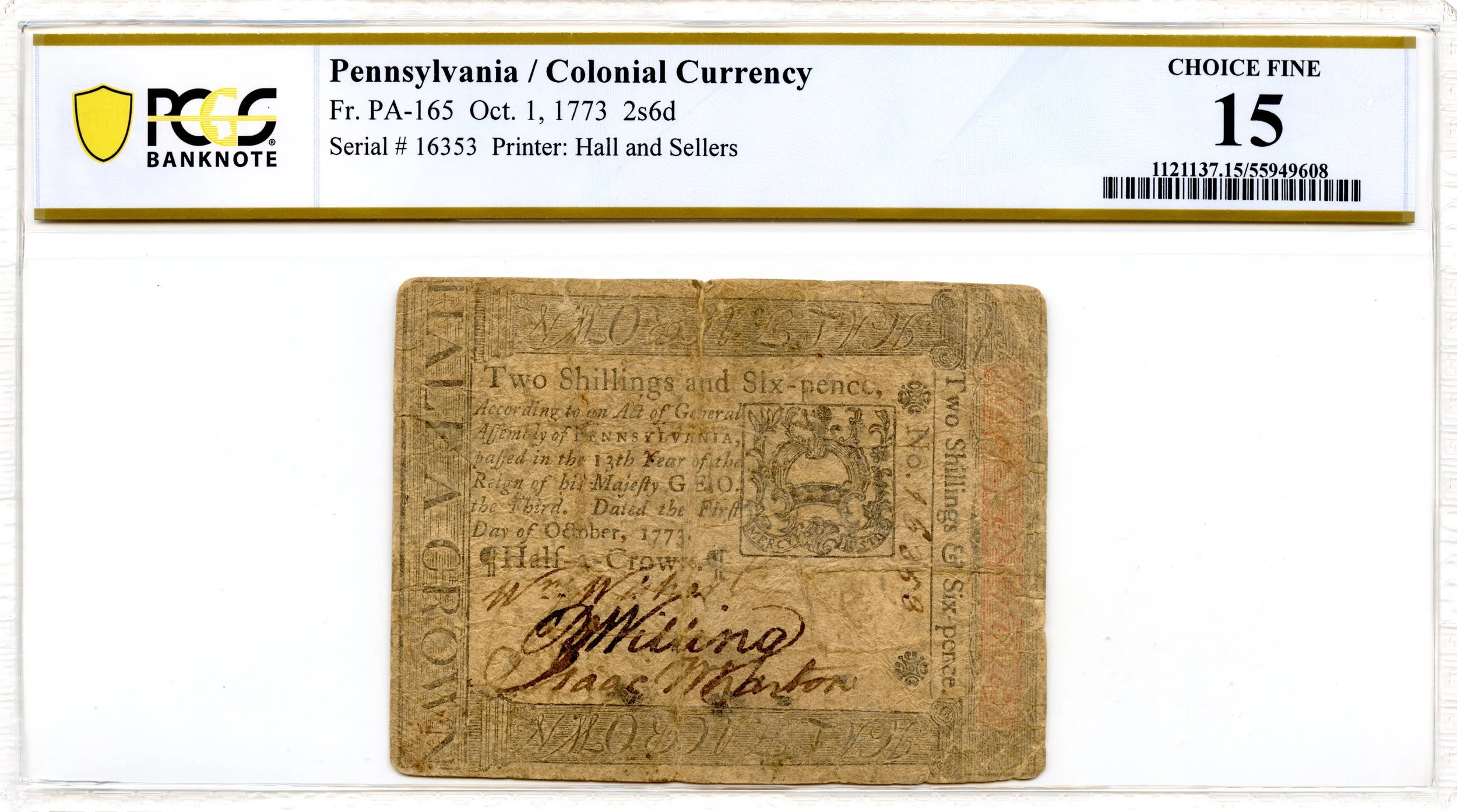 Pennsylvania Colonial Note Fr#PA-165 October 1, 1773 2s6d PCGS F-15