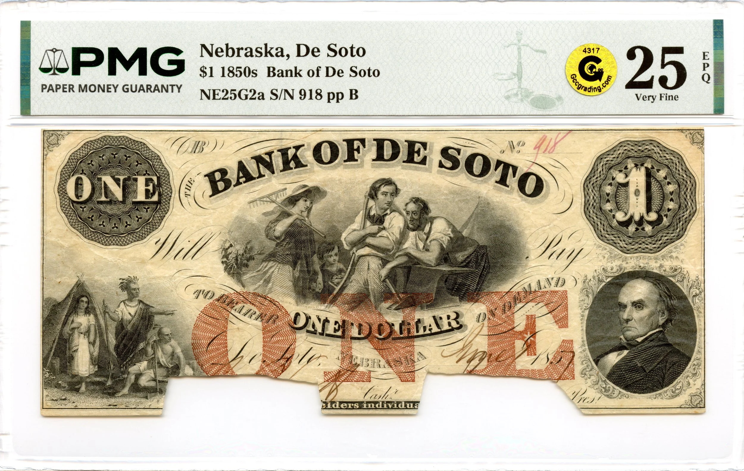 1857 $1 De Soto, Nebraska Obsolete Note Bank of De Soto PMG VF-25 EPQ GCC Gold