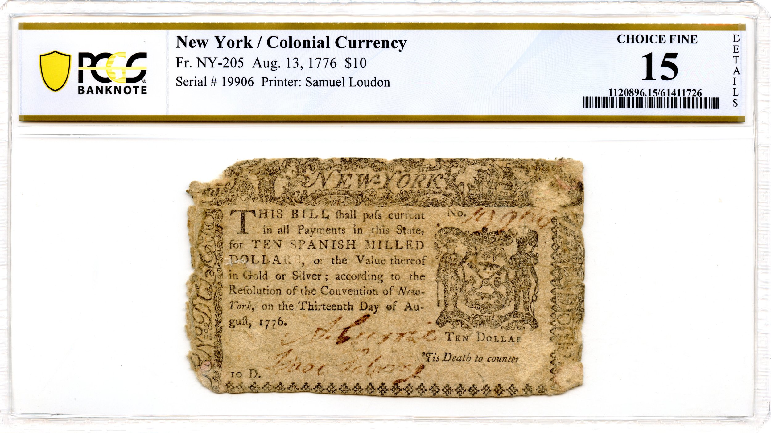 New York Colonial Note Fr#NY-205 August 13, 1776 $10 PCGS F-15 *Elephant*