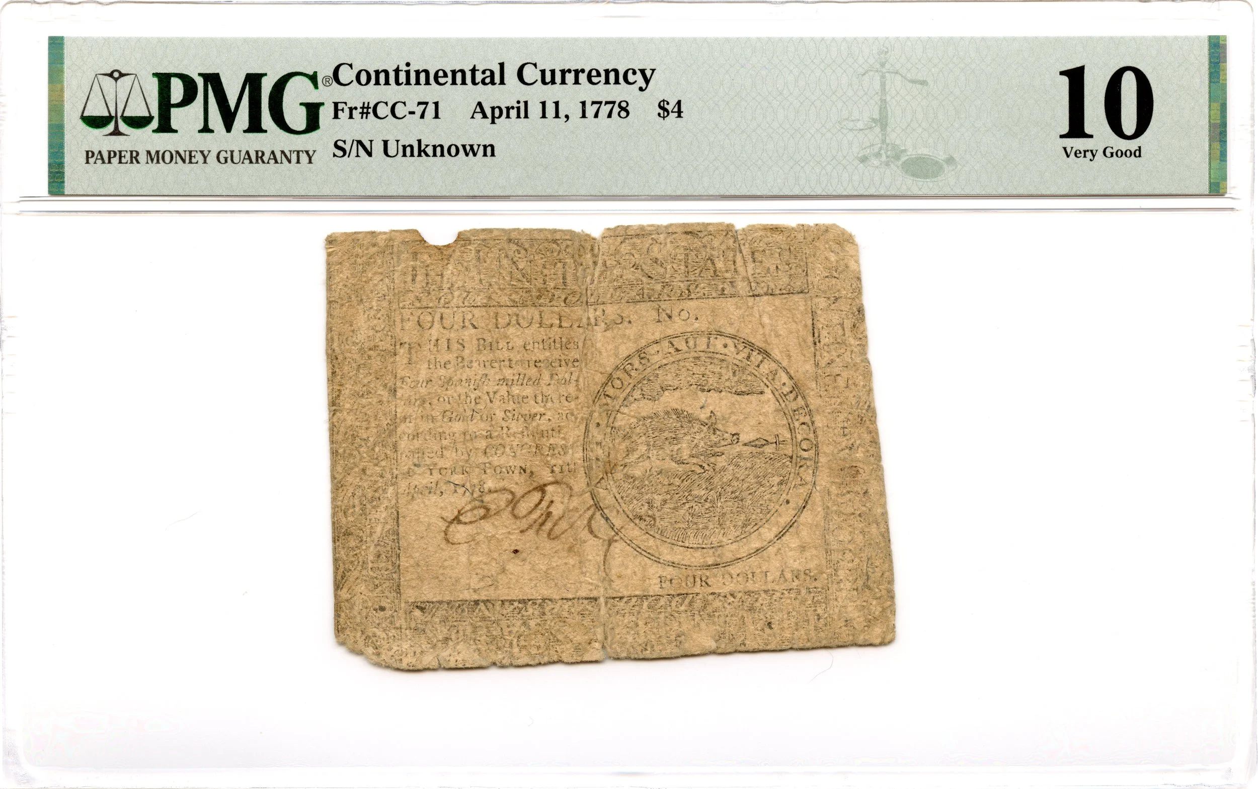 Continental Currency Fr#CC-71 April 11, 1778 $4 PMG VG-10 *Yorktown*