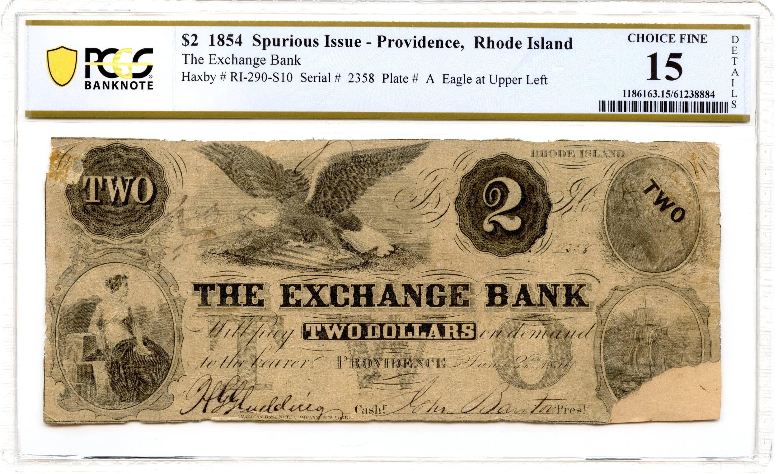 1854 $2 Providence, Rhode Island Obsolete Note Exchange Bank PCGS F-15 Spurious Issue