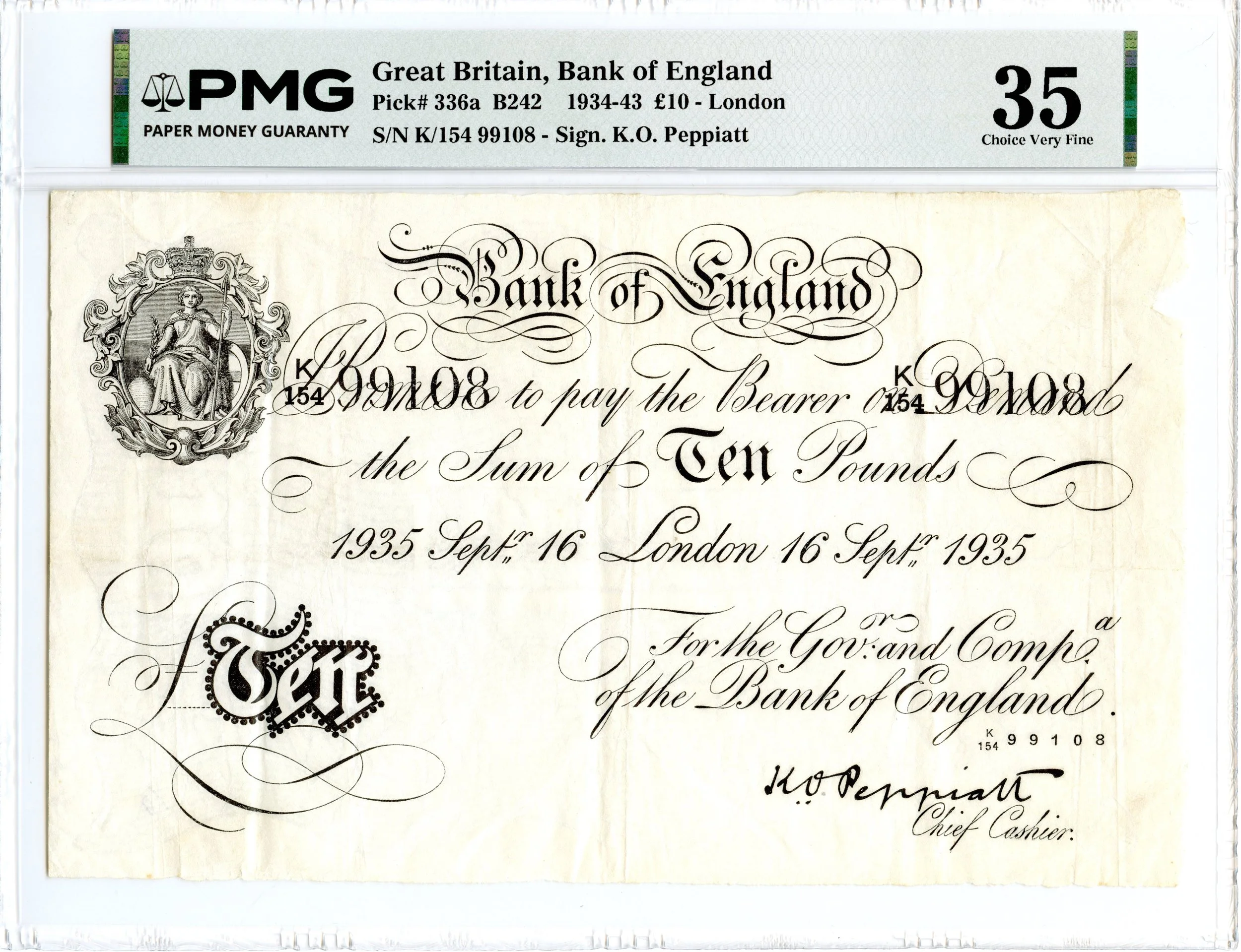 1935 10 Pounds Bank of England, Great Britain Pick# 336a B242 PMG VF-35