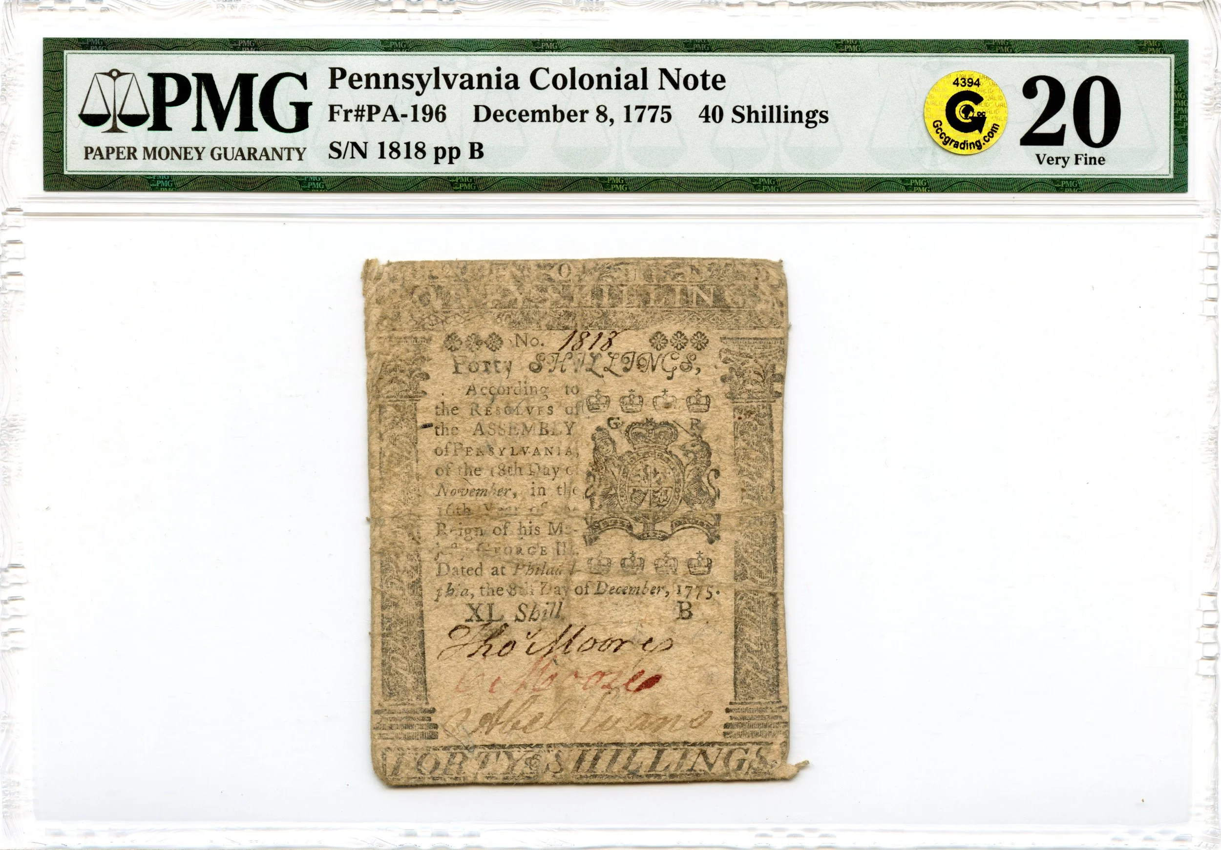 Pennsylvania Colonial Note Fr#PA-196 December 8, 1775 40s PMG VF-20 GCC Gold