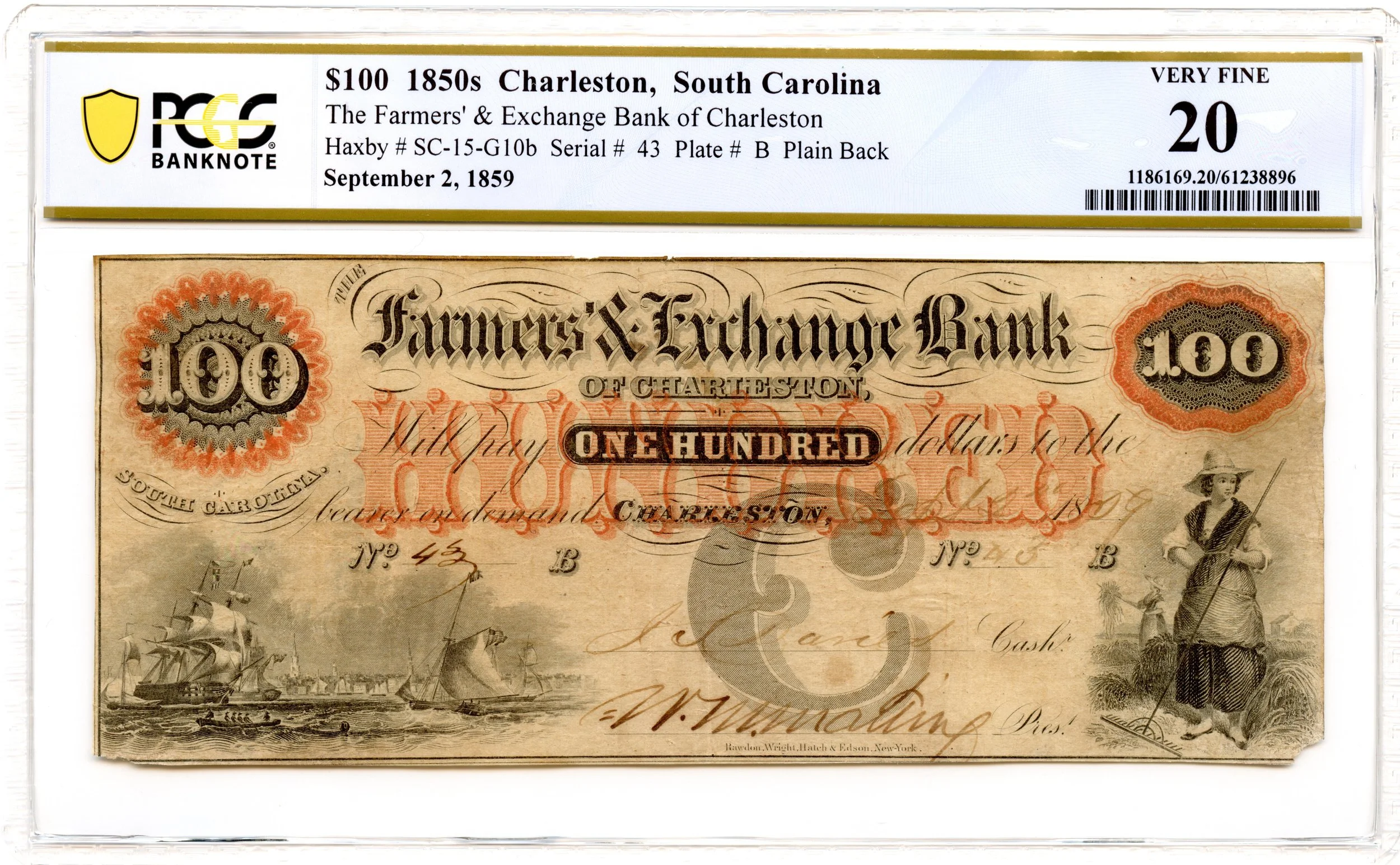 1859 $100 Charleston, South Carolina Obsolete Note Farmers & Exchange Bank PCGS VF-20 *Scarce*
