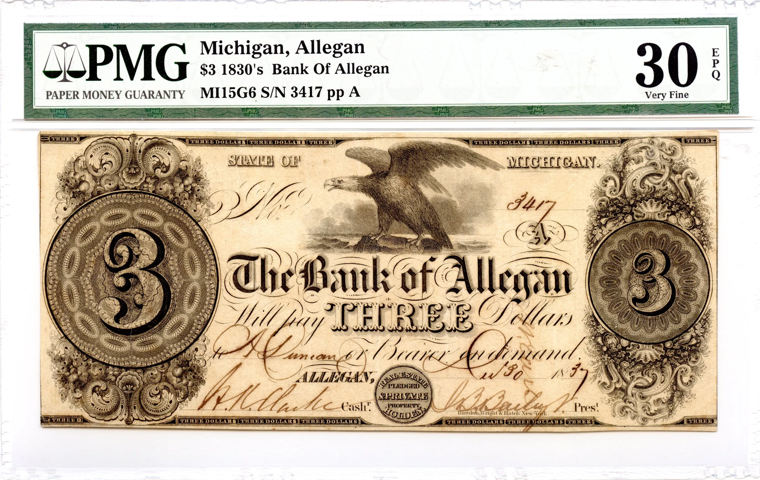 1837 $3 Allegan, Michigan Obsolete Note Bank of Allegan PMG VF-30 EPQ