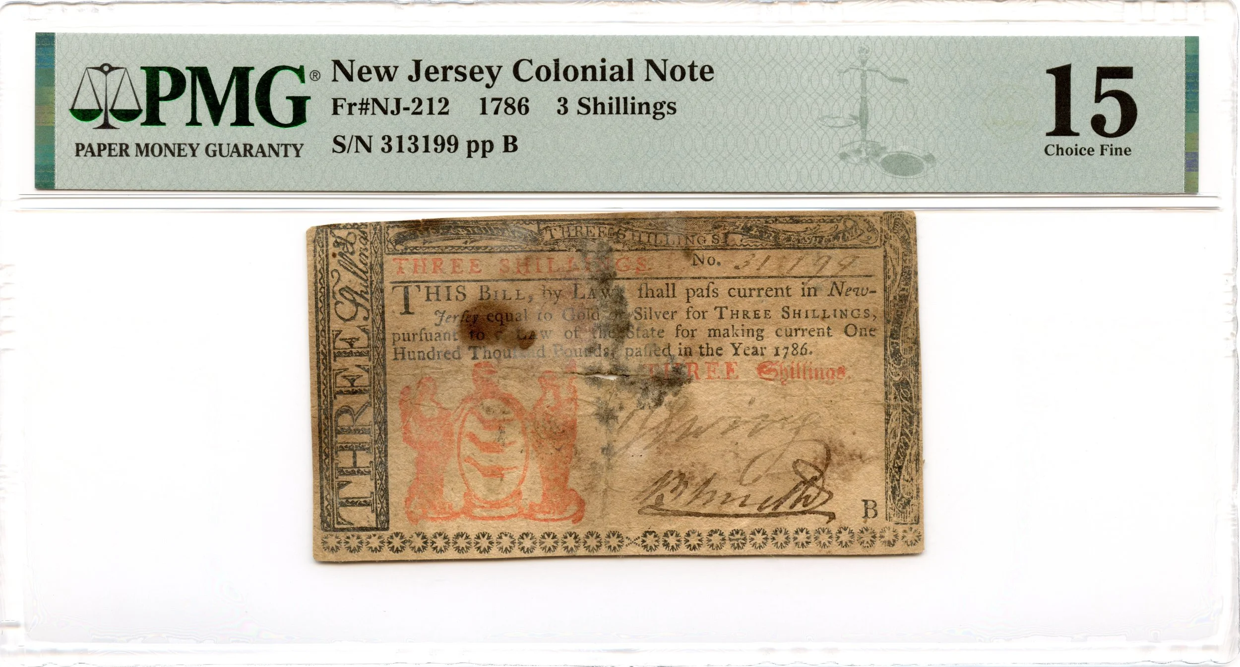New Jersey Colonial Note Fr#NJ-212 1786 3s PMG F-15 *Scarce*