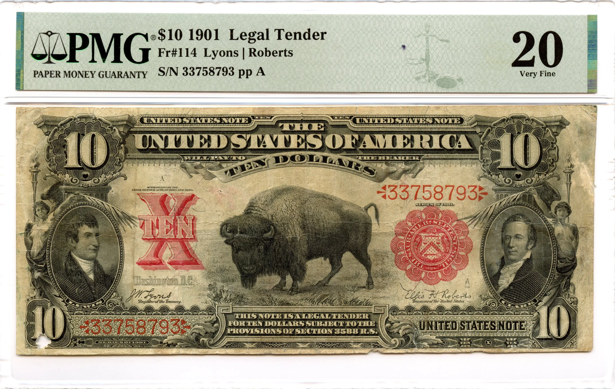 1901 $10 Legal Tender Note Fr#114 PMG VF-20 *Bison*