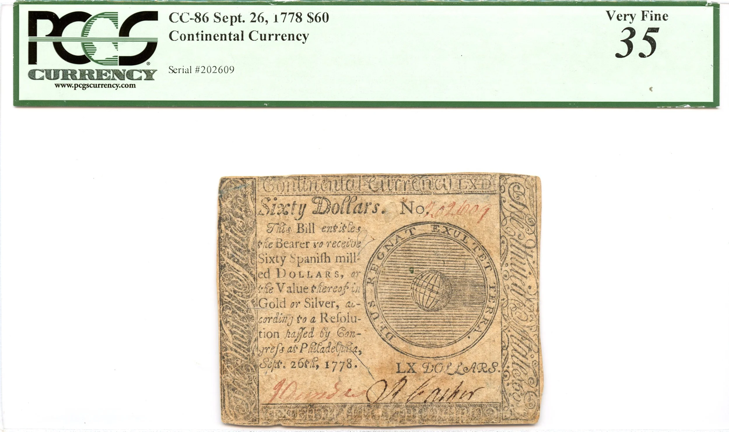 Continental Currency Fr#CC-86 September 26, 1778 $60 PCGS VF-35
