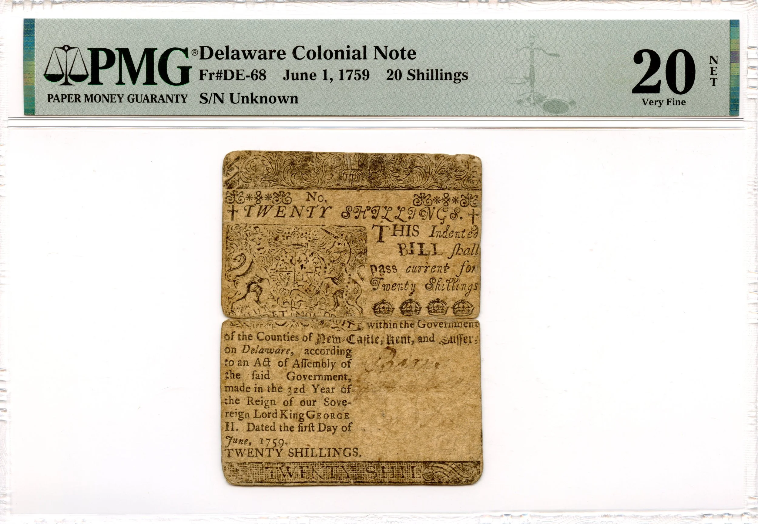 Delaware Colonial Note Fr#DE-68 June 1, 1759 20s PMG VF-20 *Ben Franklin*