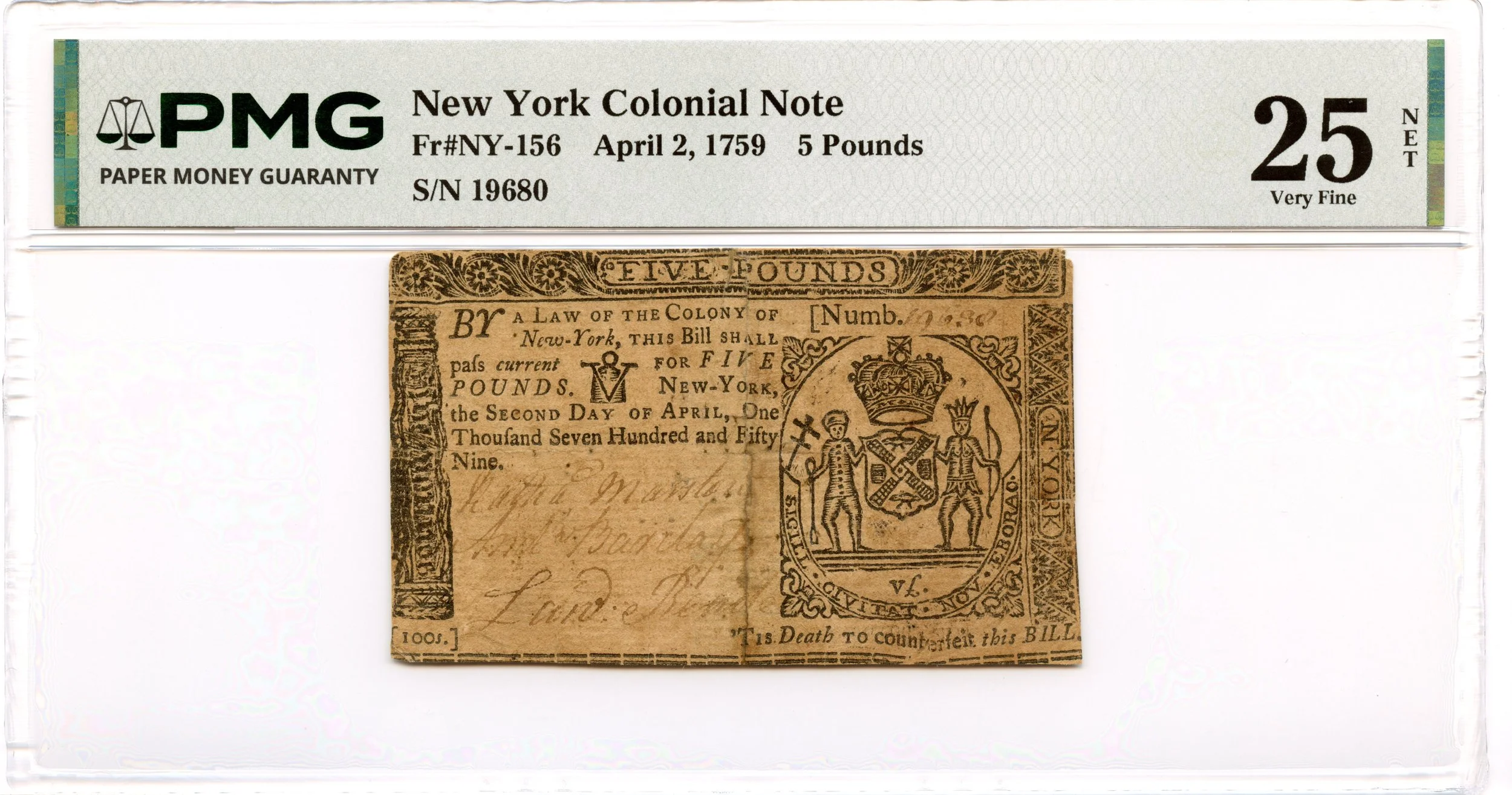 New York Colonial Note Fr#NY-156 April 2, 1756 5 Pounds PMG VF-25 *16 Known*