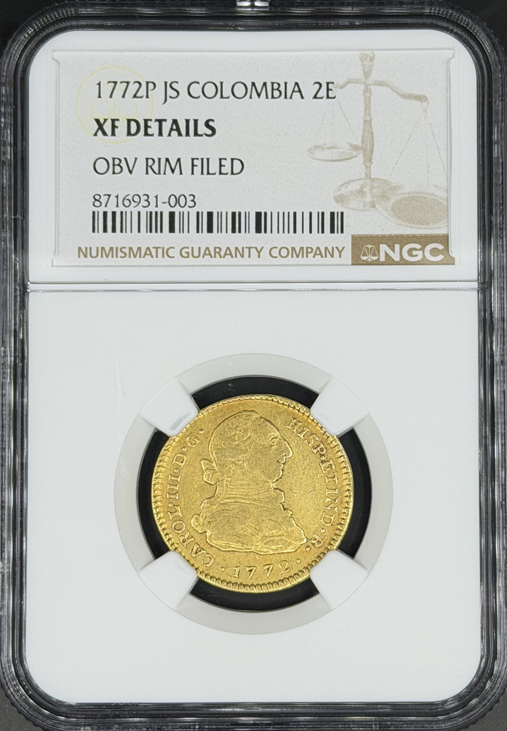 1772 P-JS 2 Escudos Gold Spanish Colonial Colombia, Popayan NGC XF *U.S. Legal Tender*