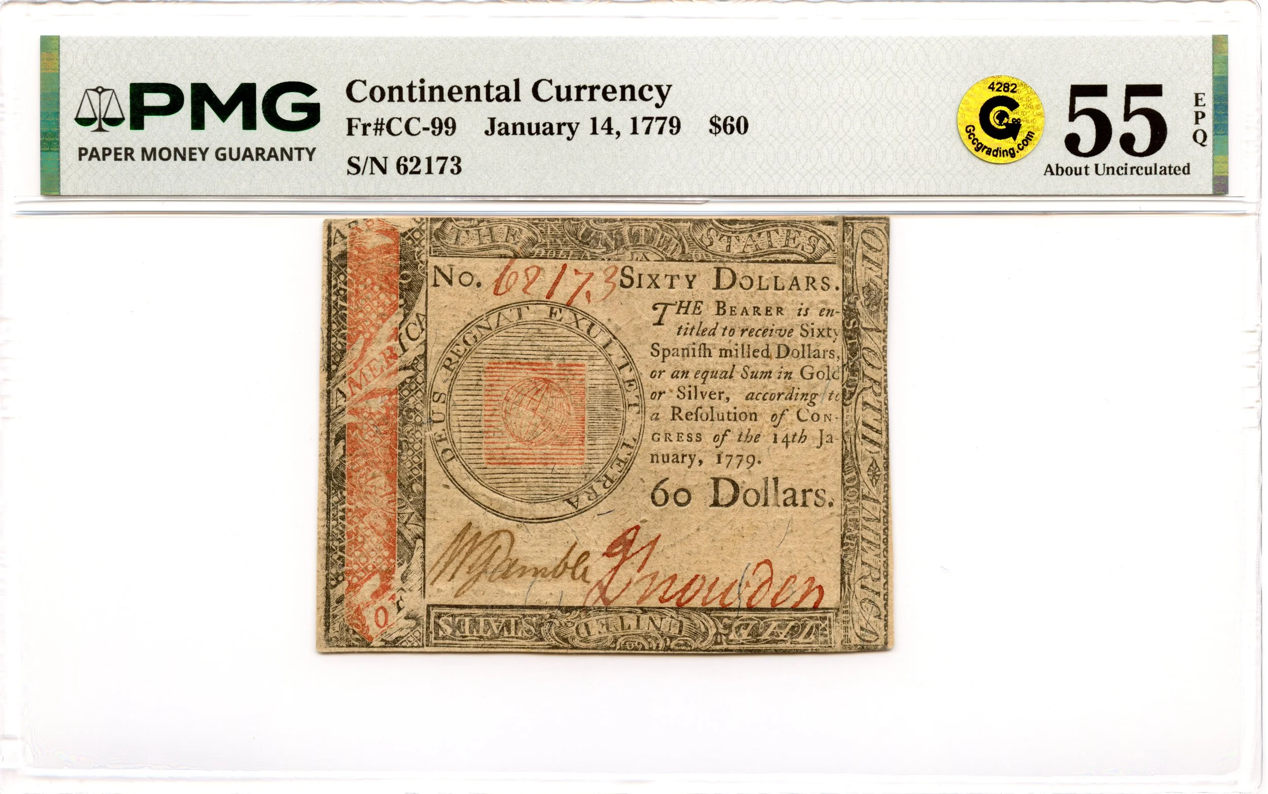 Continental Currency Fr#CC-99 January 14, 1779 $60 PMG AU-55 EPQ GCC Gold *Exceptional*