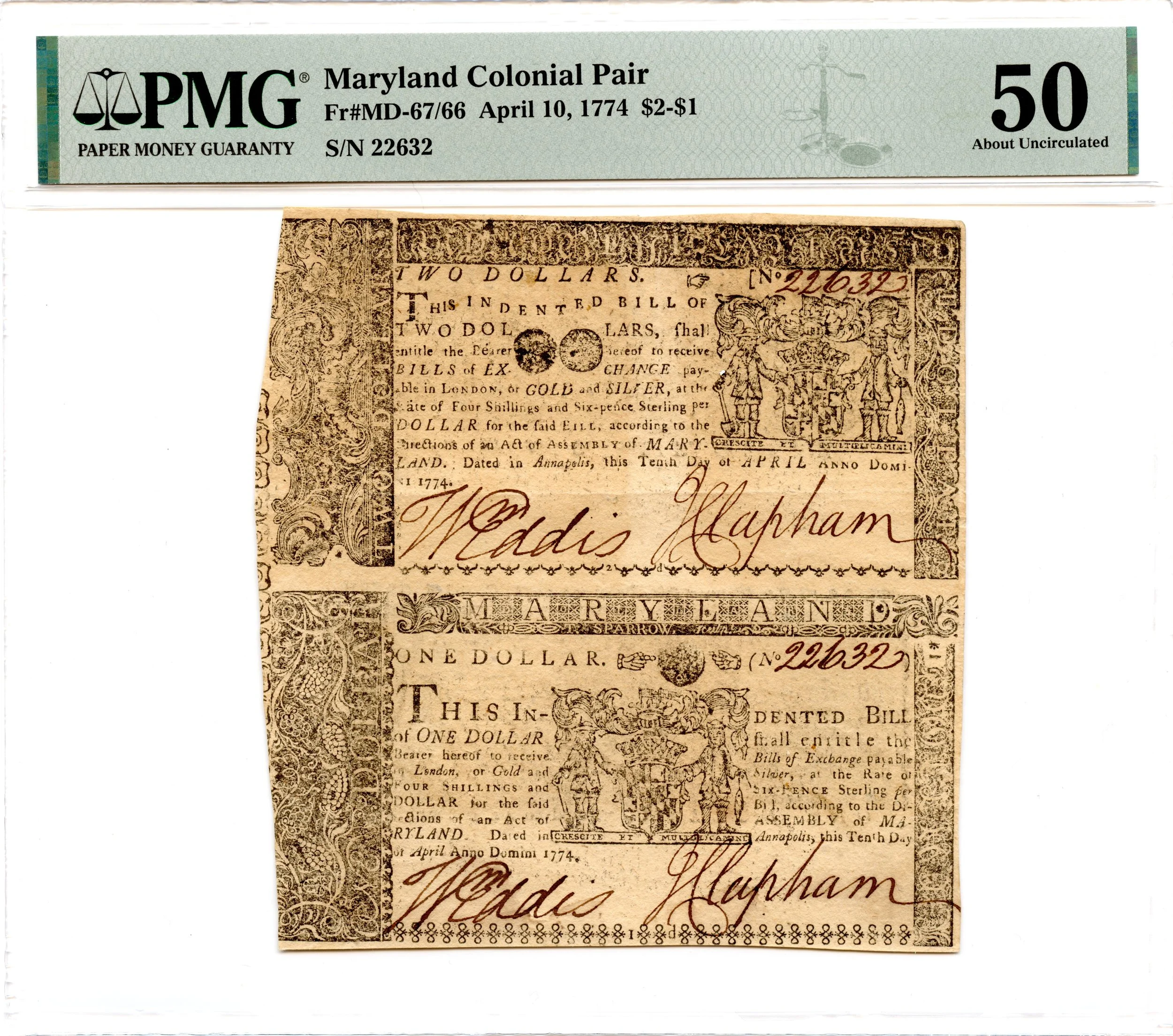 Maryland Colonial Note Fr#MD-67/66 April 10, 1774 $1-$2 PMG AU-50 *Uncut Pair*