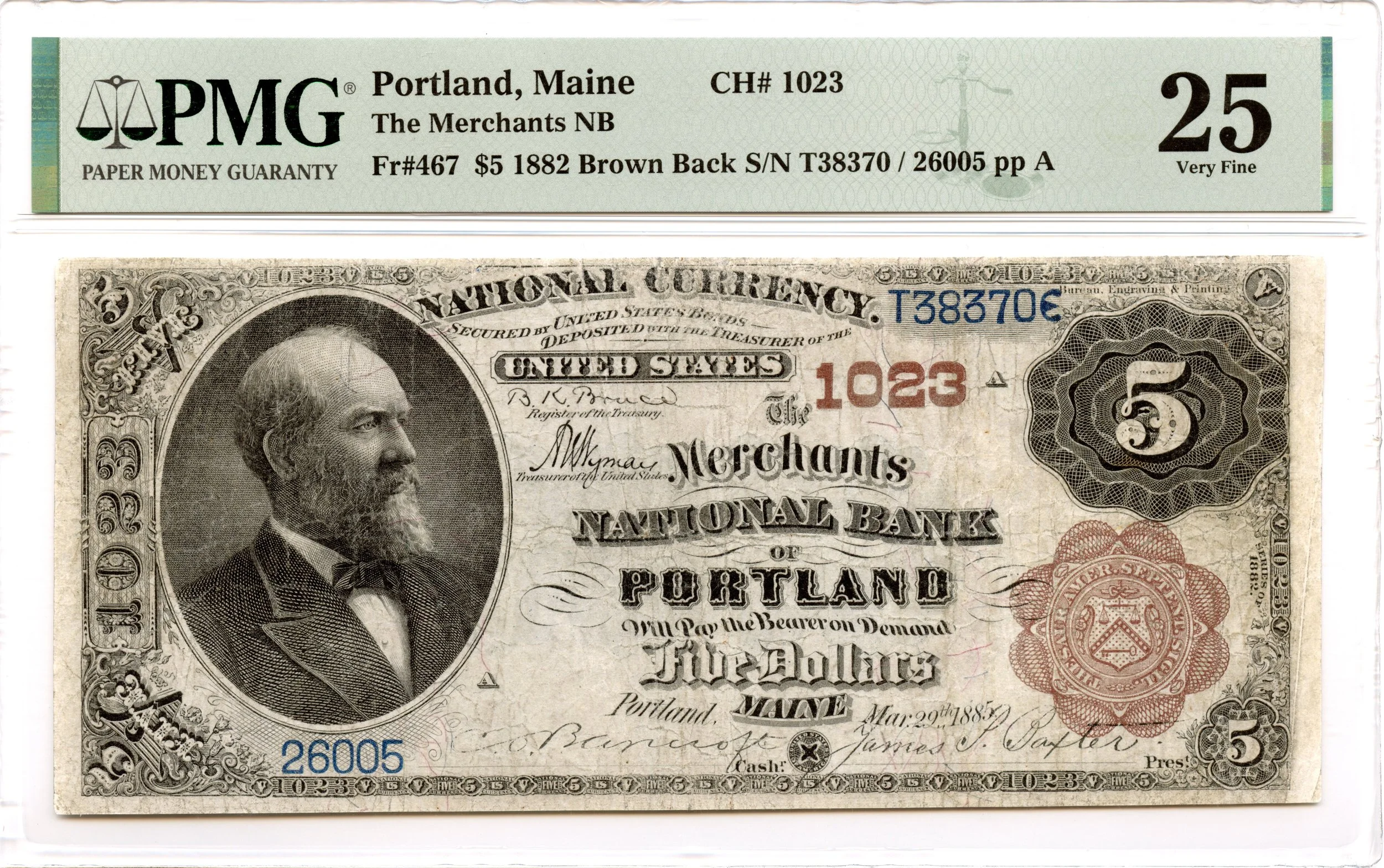 1882 $5 National Brown Back Fr#467 Merchants NB Portland, Maine CH#1023 PMG VF-25