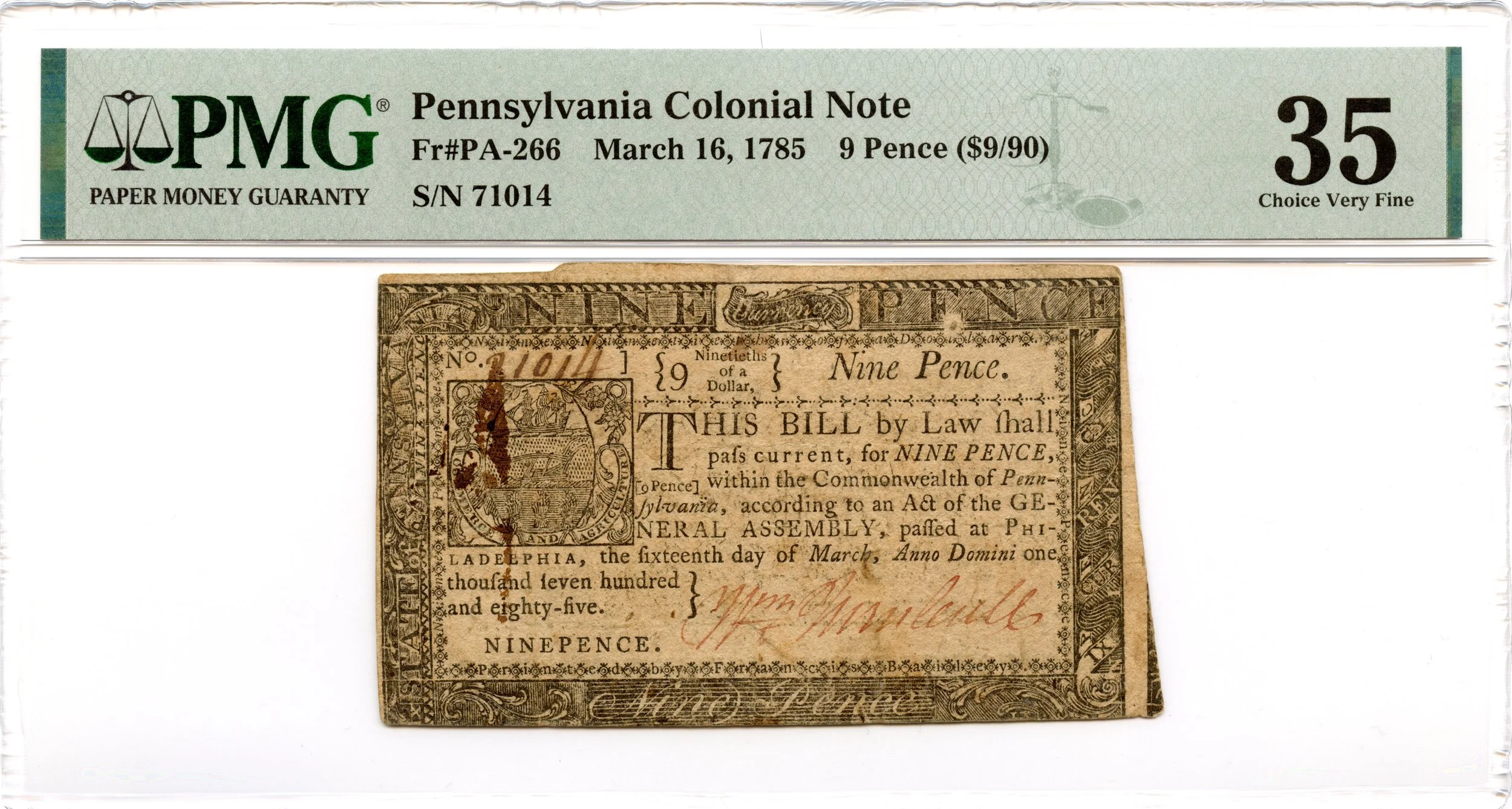 Pennsylvania Colonial Note Fr#PA-266 March 16, 1785 9d PMG VF-35 *17 Known*
