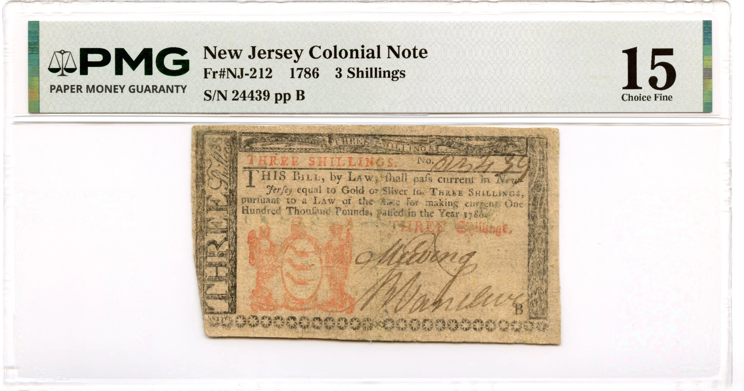 New Jersey Colonial Note Fr#NJ-212 1786 3s PMG F-15 *Scarce*