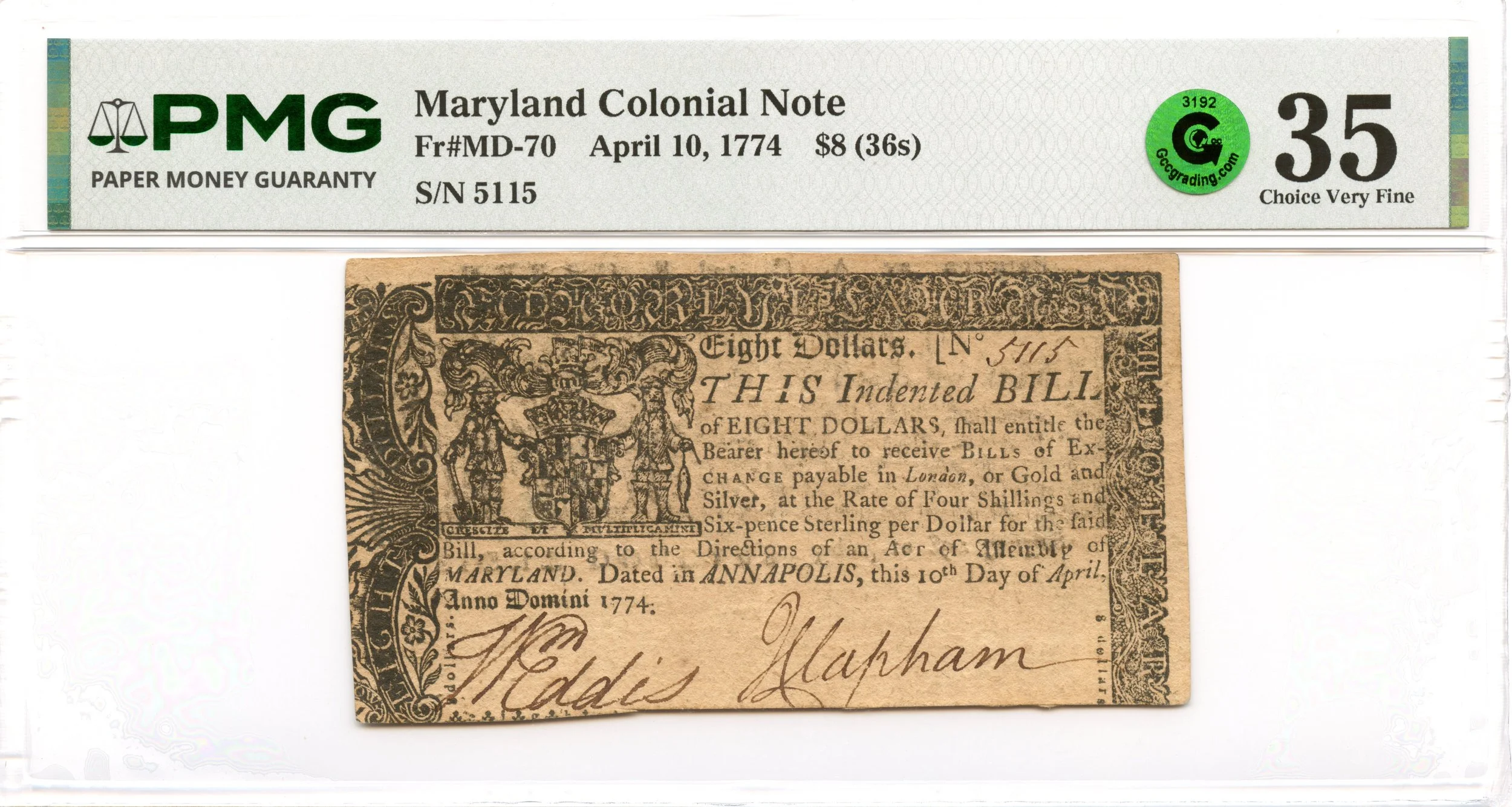 Maryland Colonial Note Fr#MD-70 April 10, 1774 $8 PMG VF-35 GCC Green