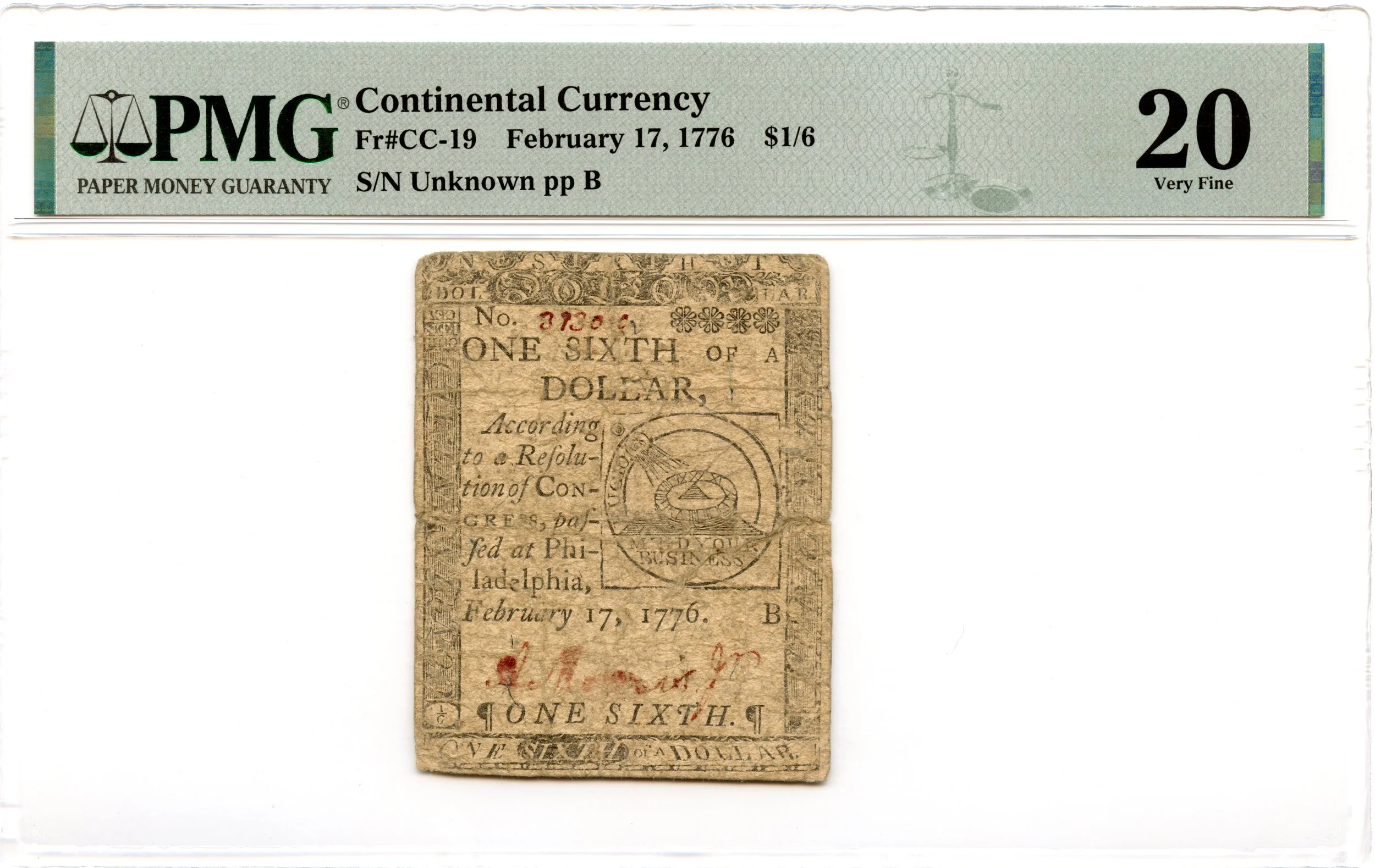 Continental Currency Fr#CC-19 February 17, 1776 $1/6 PMG VF-20 *Fugio Note*