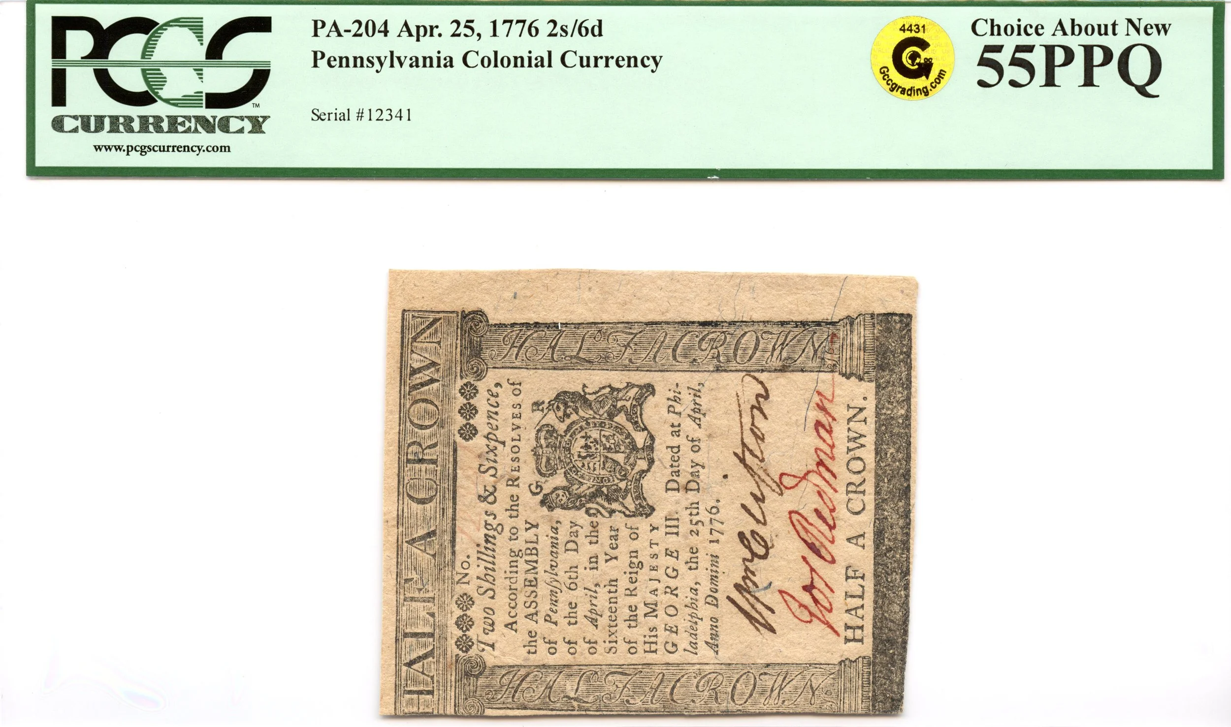 Pennsylvania Colonial Note Fr#PA-204 April 25, 1776 2s6d PCGS AU-55 PPQ GCC Gold