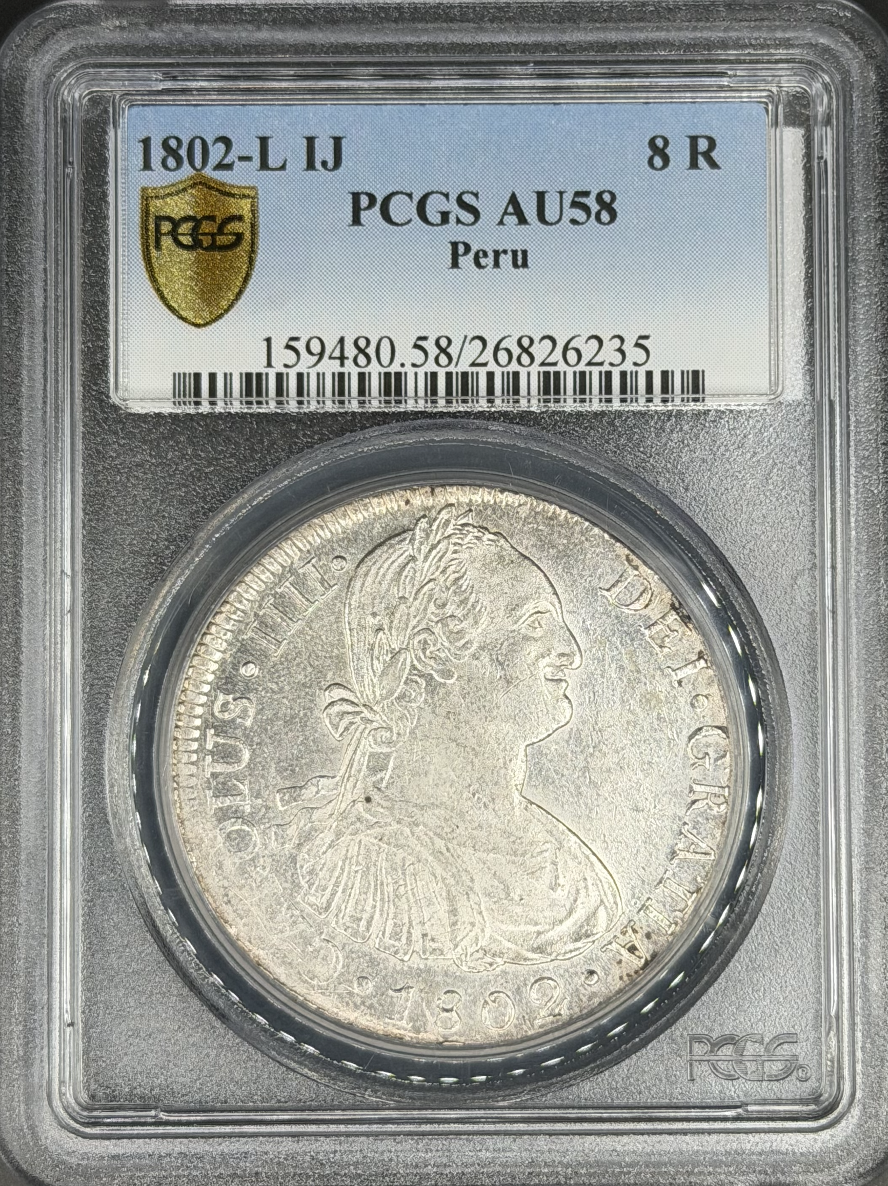 1802 L-IJ 8 Reales Spanish Colonial Peru, Lima PCGS AU-58 *U.S. Legal Tender*