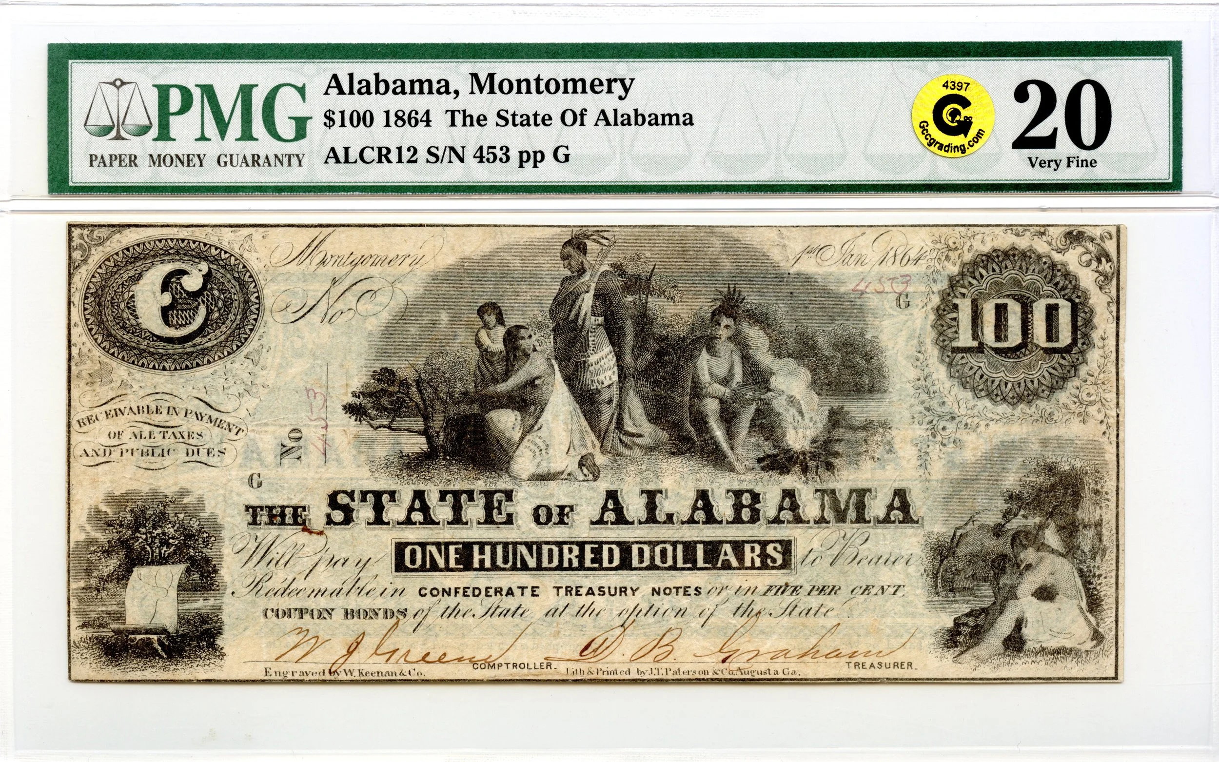 1864 $100 Montgomery, Alabama Obsolete Note State of Alabama PMG VF-20 GCC Gold