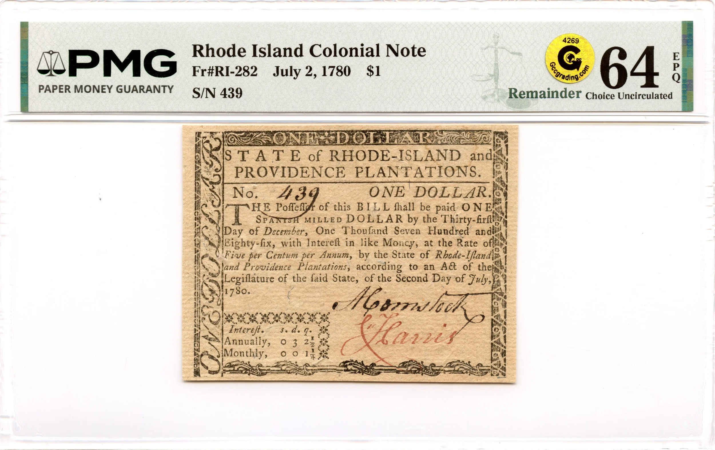 Rhode Island Colonial Note Fr#RI-282 July 2, 1780 $1 PMG CU-64 EPQ GCC Gold