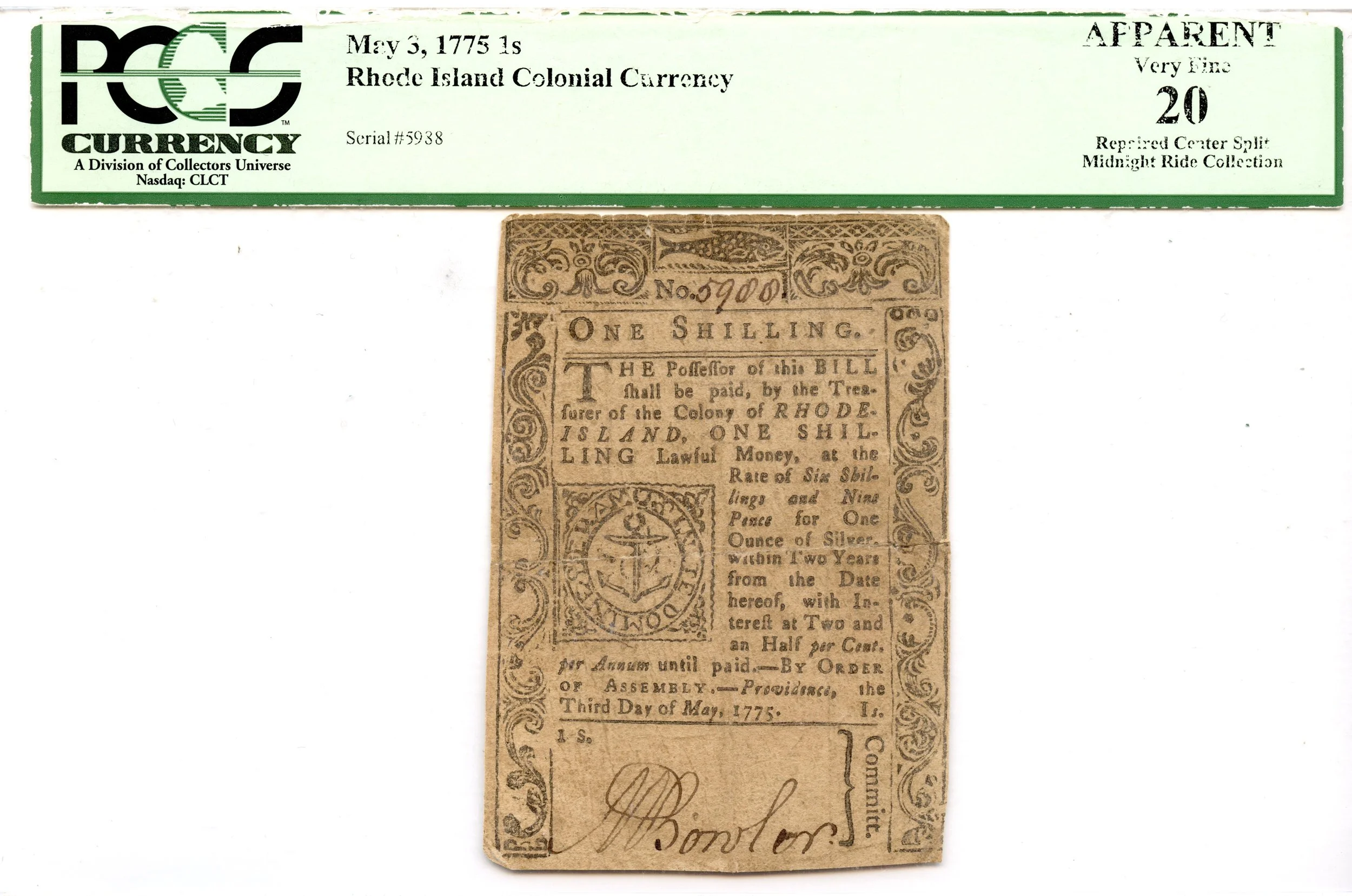 Rhode Island Colonial Note Fr#RI-177 May 3, 1775 1s PCGS VF-20 *Finest Known*