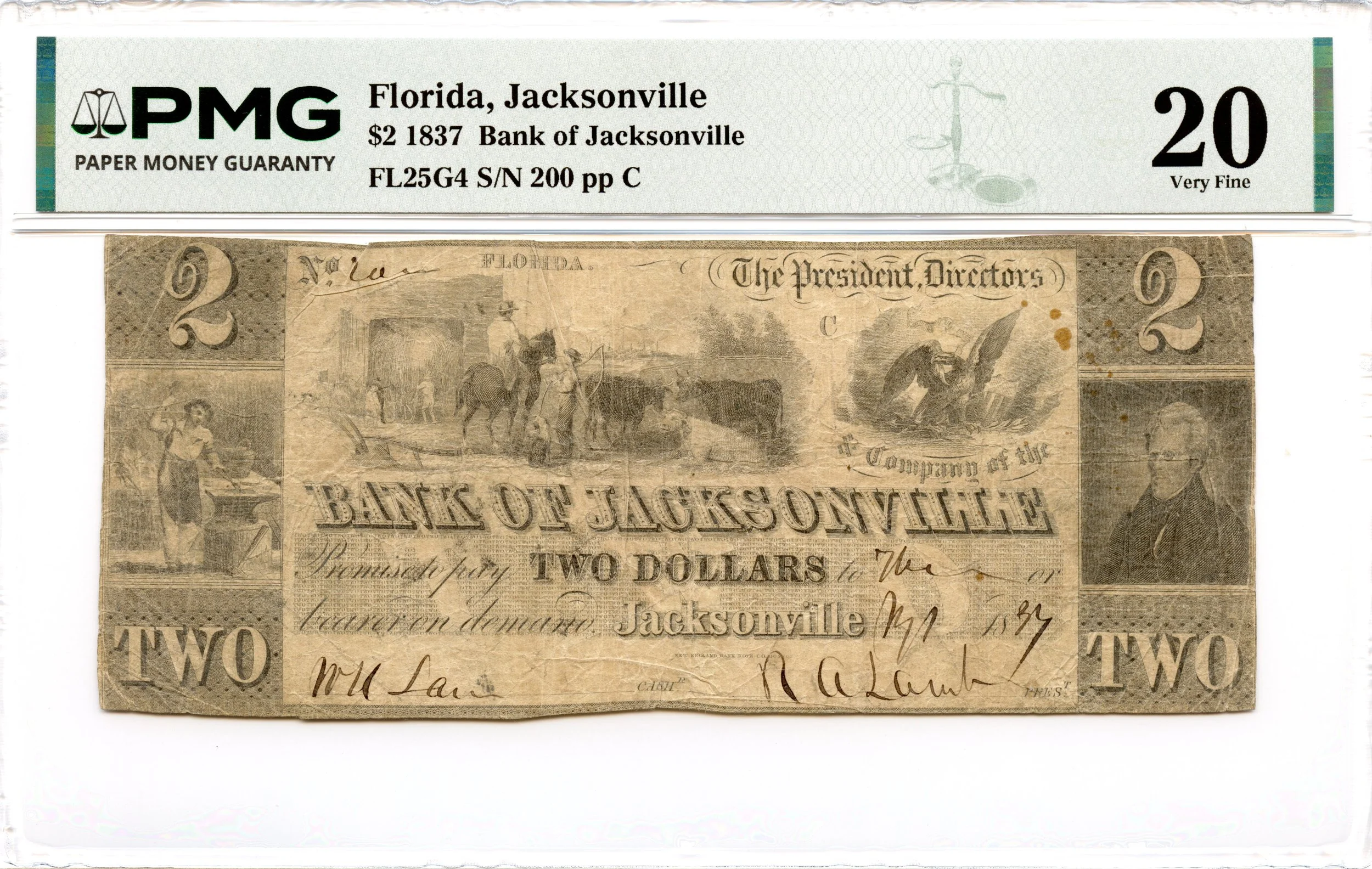 1837 $2 Jacksonville, Florida Obsolete Note Bank of Jacksonville PMG VF-20