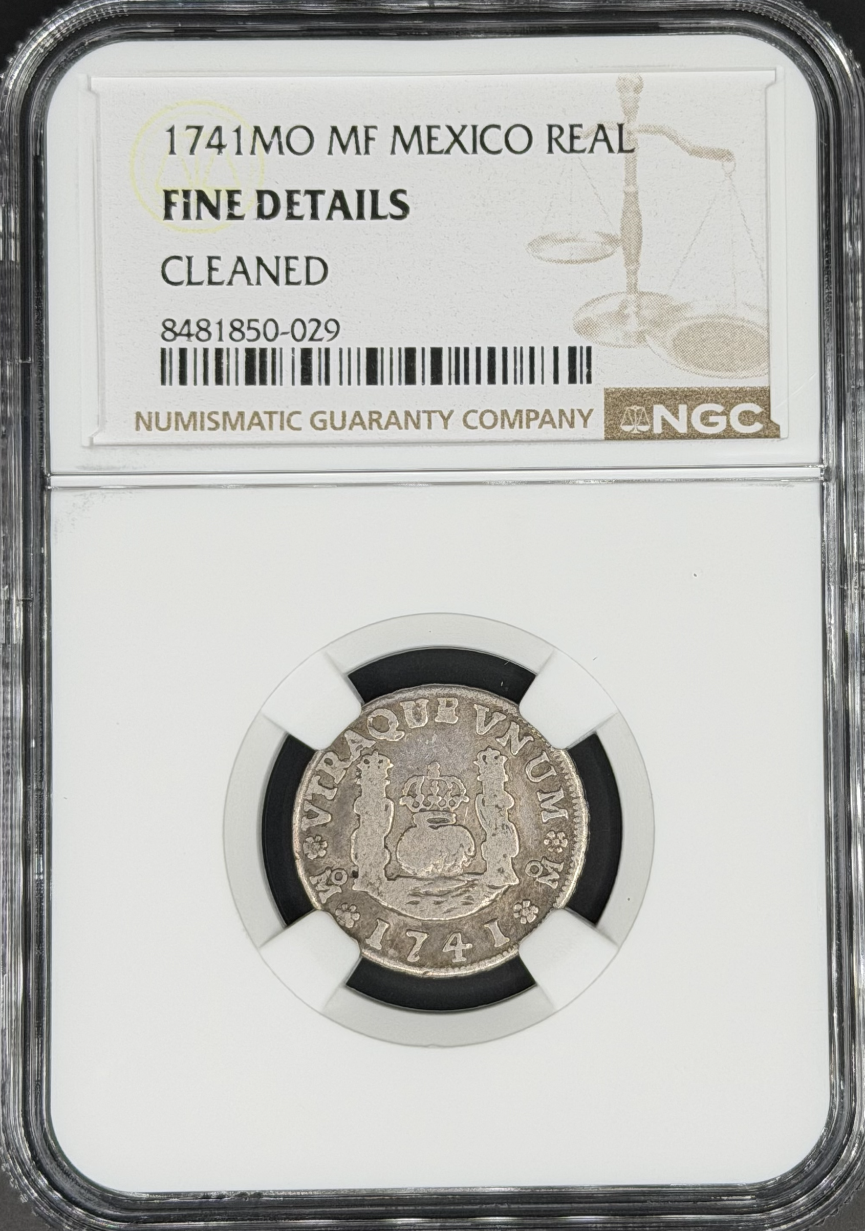 1741 Mo-MF 1 Real Pillar Minor Spanish Colonial Mexico NGC F *U.S. Legal Tender*