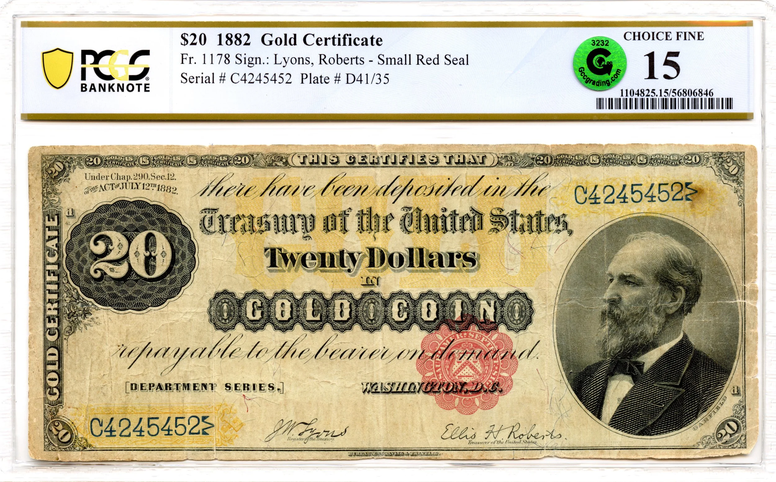 1882 $20 Gold Certificate Fr#1178 PCGS F-15 GCC Green