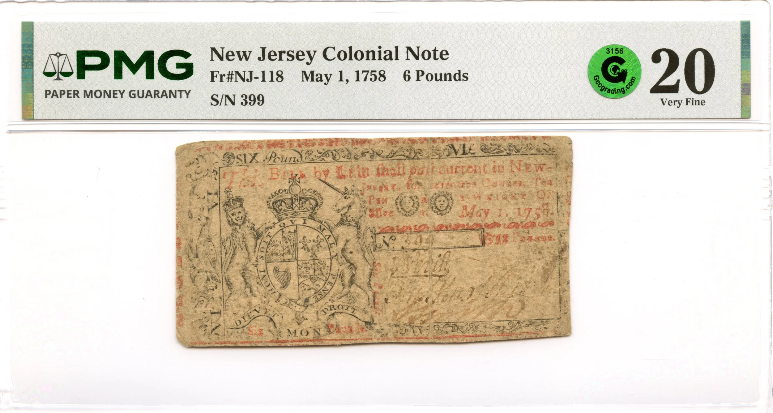 New Jersey Colonial Note Fr#NJ-118 May 1, 1758 6 Pounds PMG VF-20 GCC Green