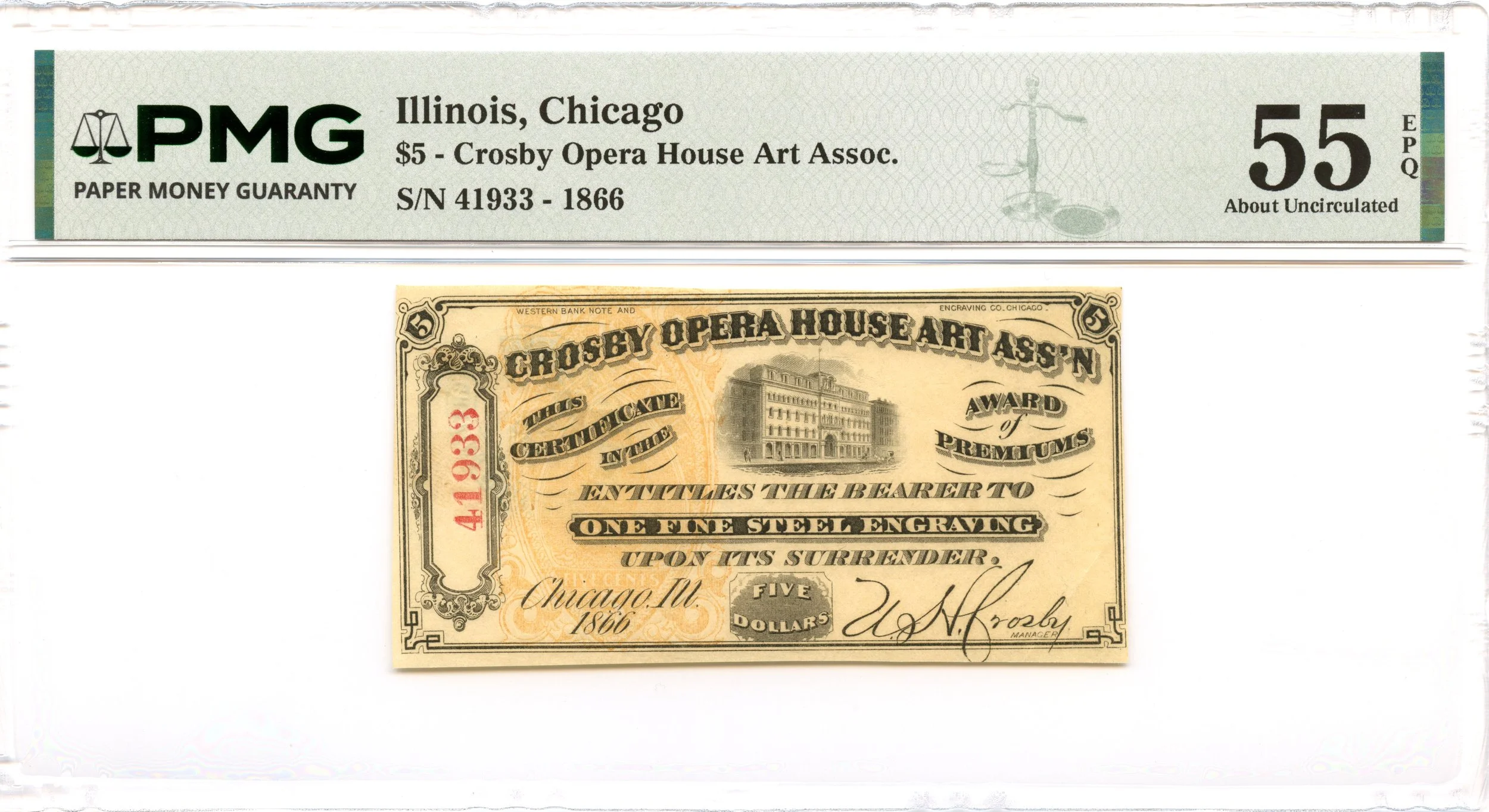 1866 $5 Chicago, Illinois Obsolete Note Crosby Opera House PMG AU-55 EPQ