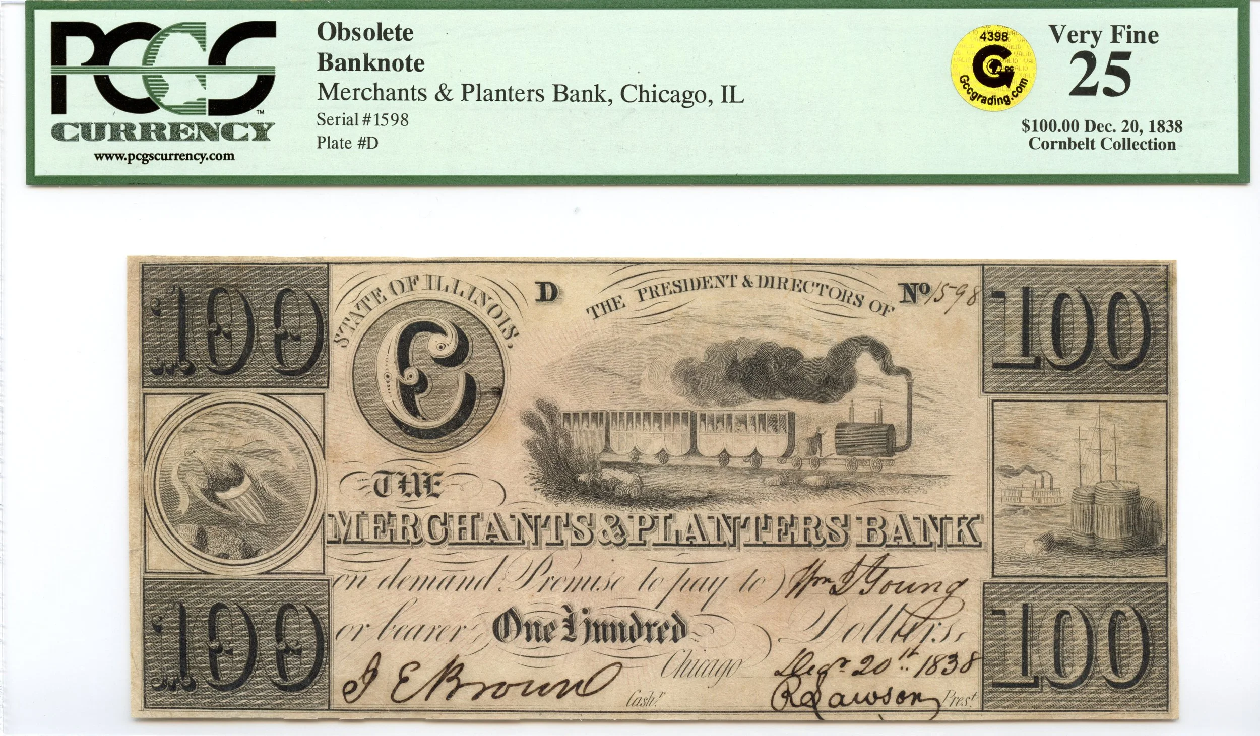 1838 $100 Chicago, Illinois Obsolete Note Merchants & Planters Bank PCGS VF-25 GCC Gold