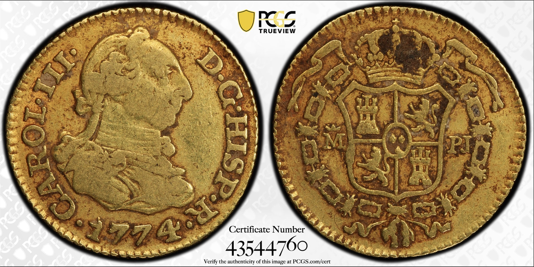 1774 M-PJ 1/2 Escudo Gold Spain Madrid PCGS VF-30