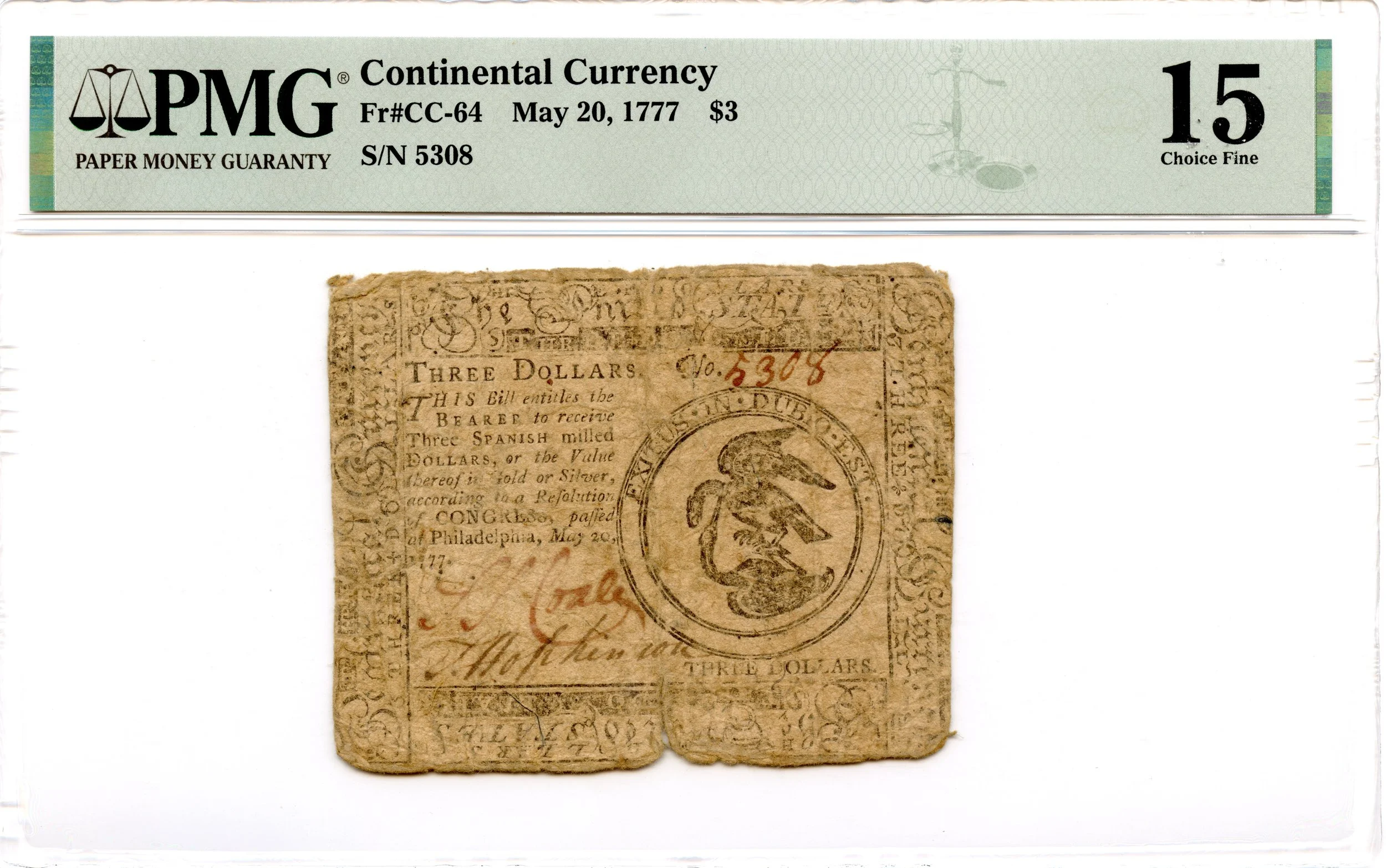 Continental Currency Fr#CC-64 May 20, 1777 $3 PMG F-15 *Scarce Issue*