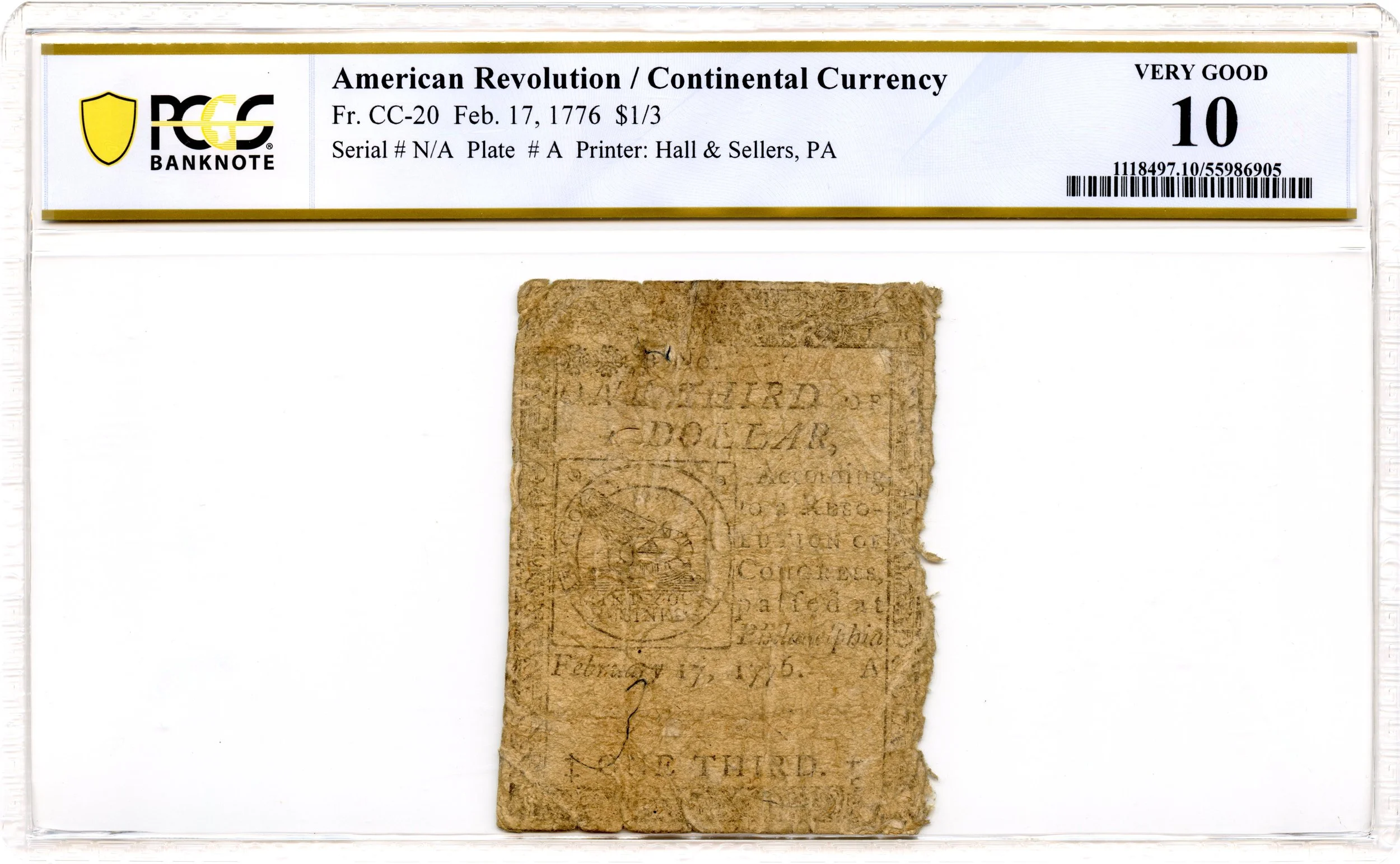 Continental Currency Fr#CC-20 February 17, 1776 $1/3 PCGS VG-10 *Fugio Note*